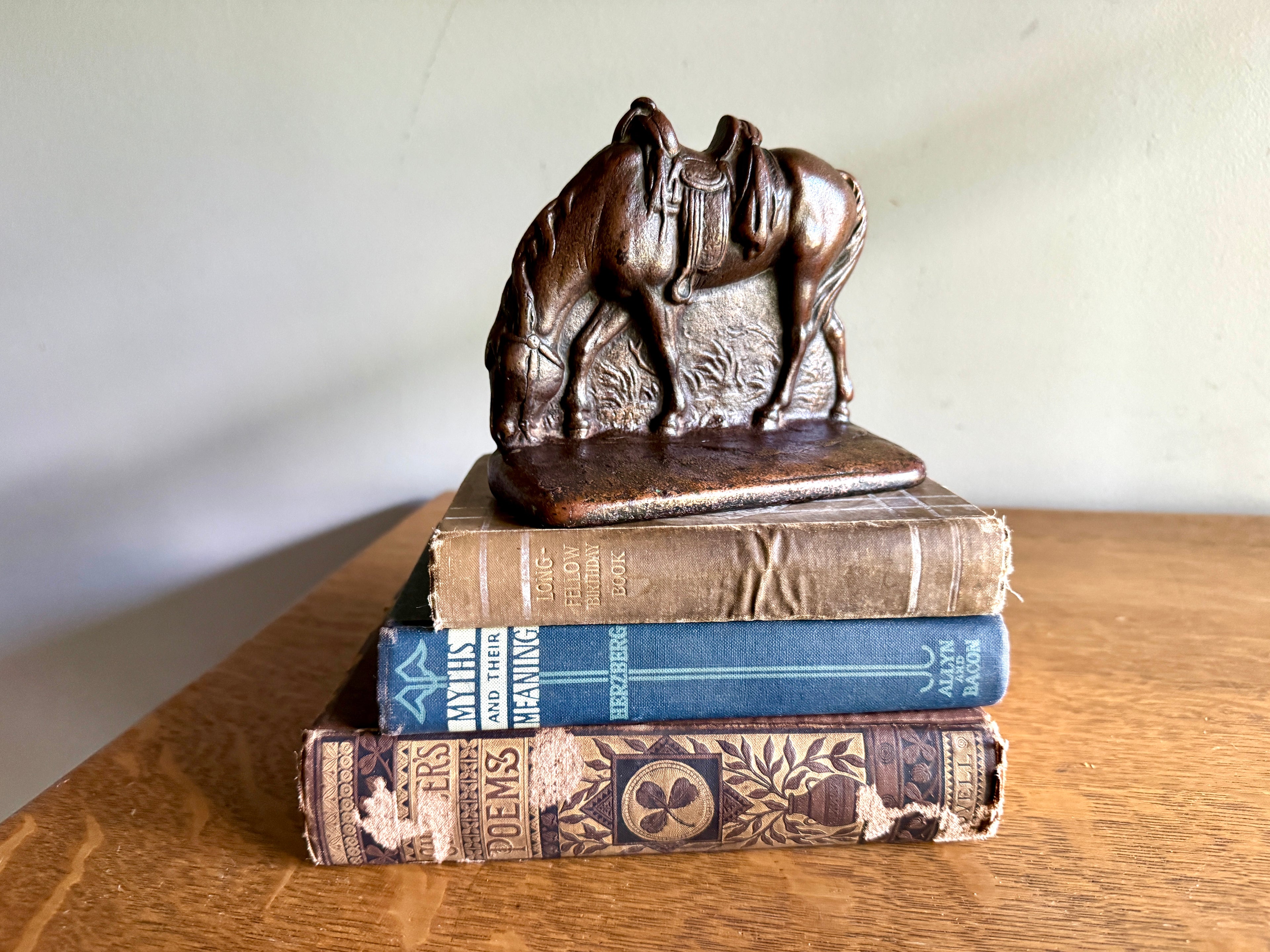 Vtg Cast Iron Bronze Finish Western Horse Bookend - Single - Cowboy Saddled Horse Bookend