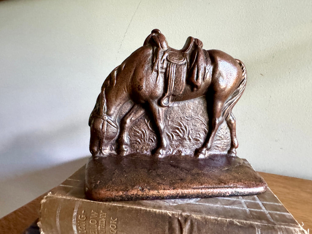 Vtg Cast Iron Bronze Finish Western Horse Bookend - Single - Cowboy Saddled Horse Bookend