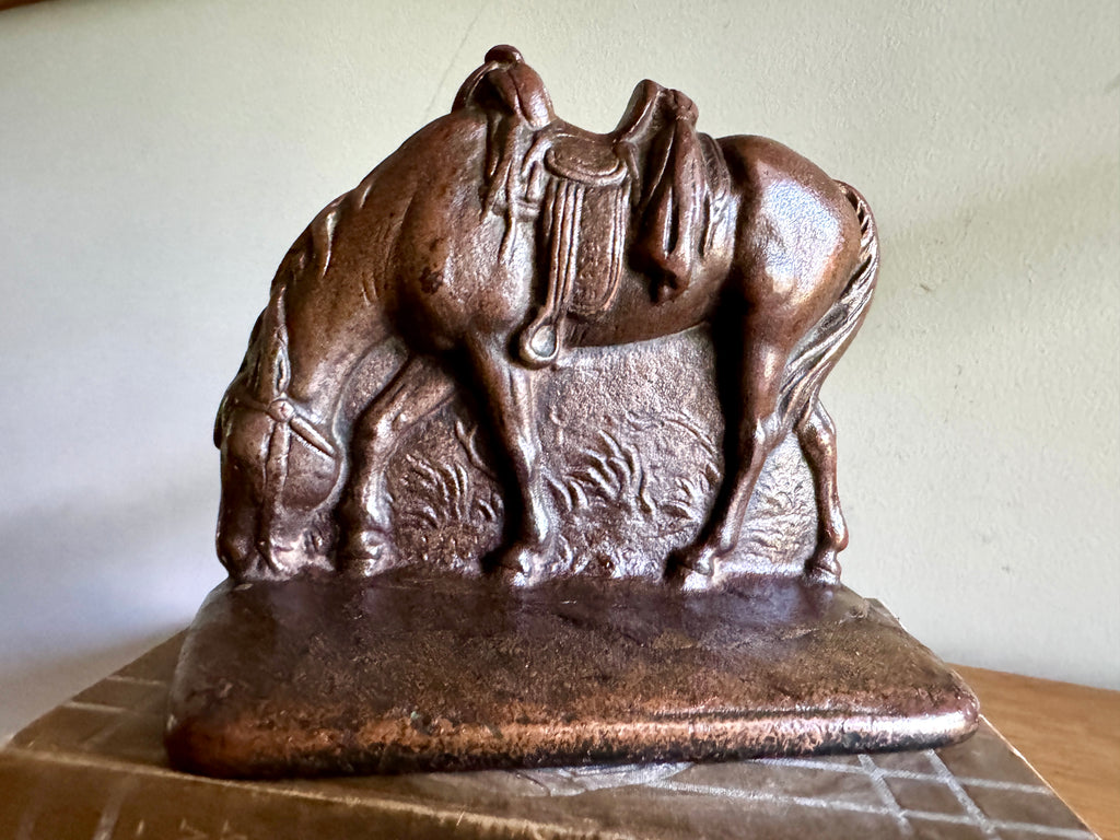 Vtg Cast Iron Bronze Finish Western Horse Bookend - Single - Cowboy Saddled Horse Bookend