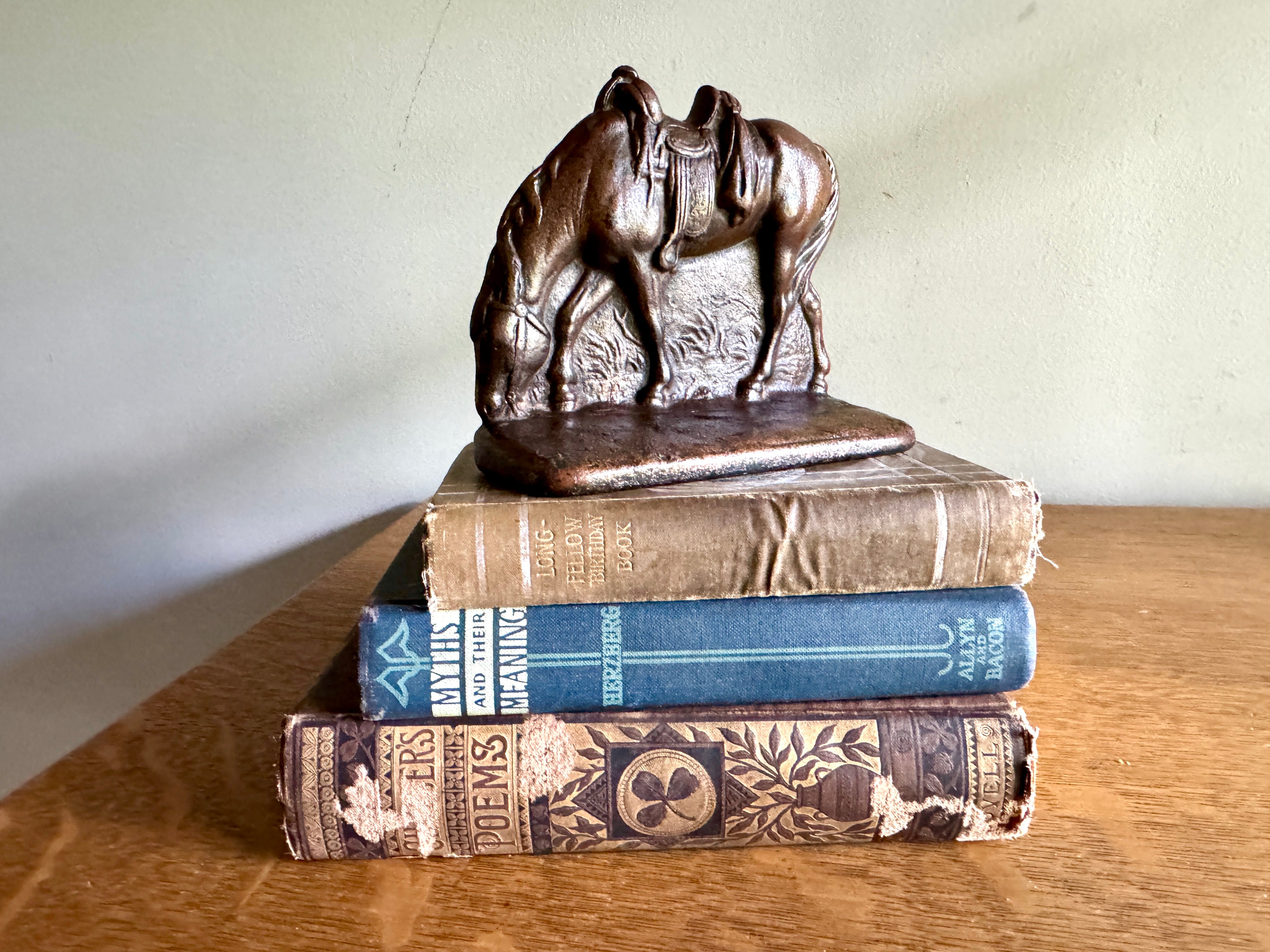 Vtg Cast Iron Bronze Finish Western Horse Bookend - Single - Cowboy Saddled Horse Bookend