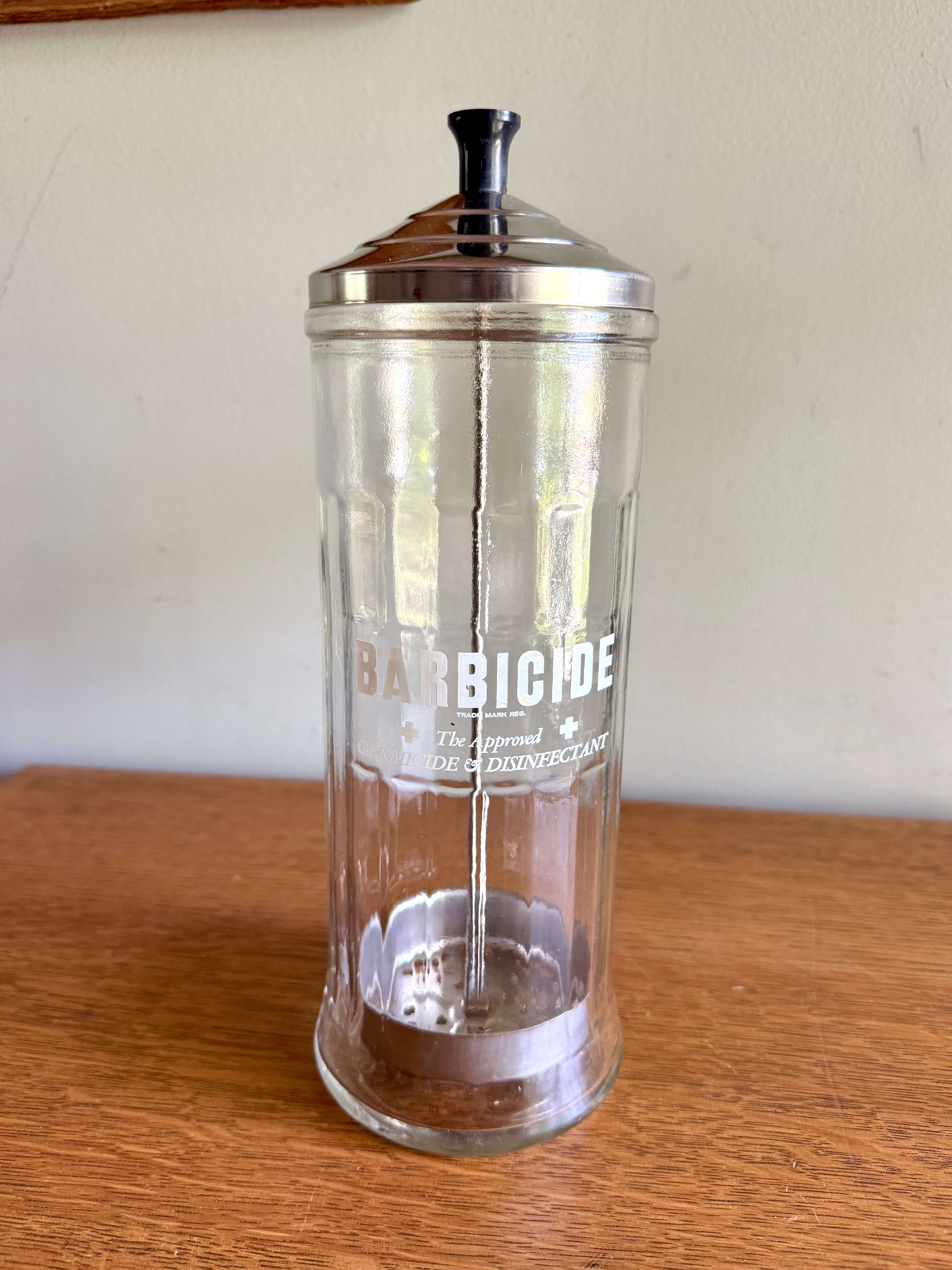 1970's Vtg Barber Shop Disinfectant Barbicide Germicide Disinfectant Sterilizer Glass Jar with Lid