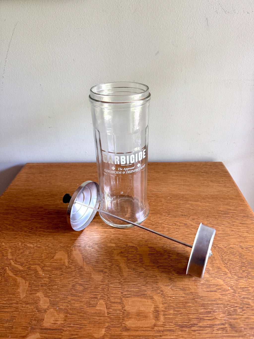 1970's Vtg Barber Shop Disinfectant Barbicide Germicide Disinfectant Sterilizer Glass Jar with Lid