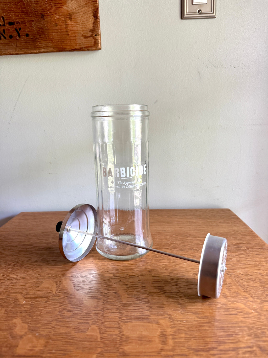 1970's Vtg Barber Shop Disinfectant Barbicide Germicide Disinfectant Sterilizer Glass Jar with Lid