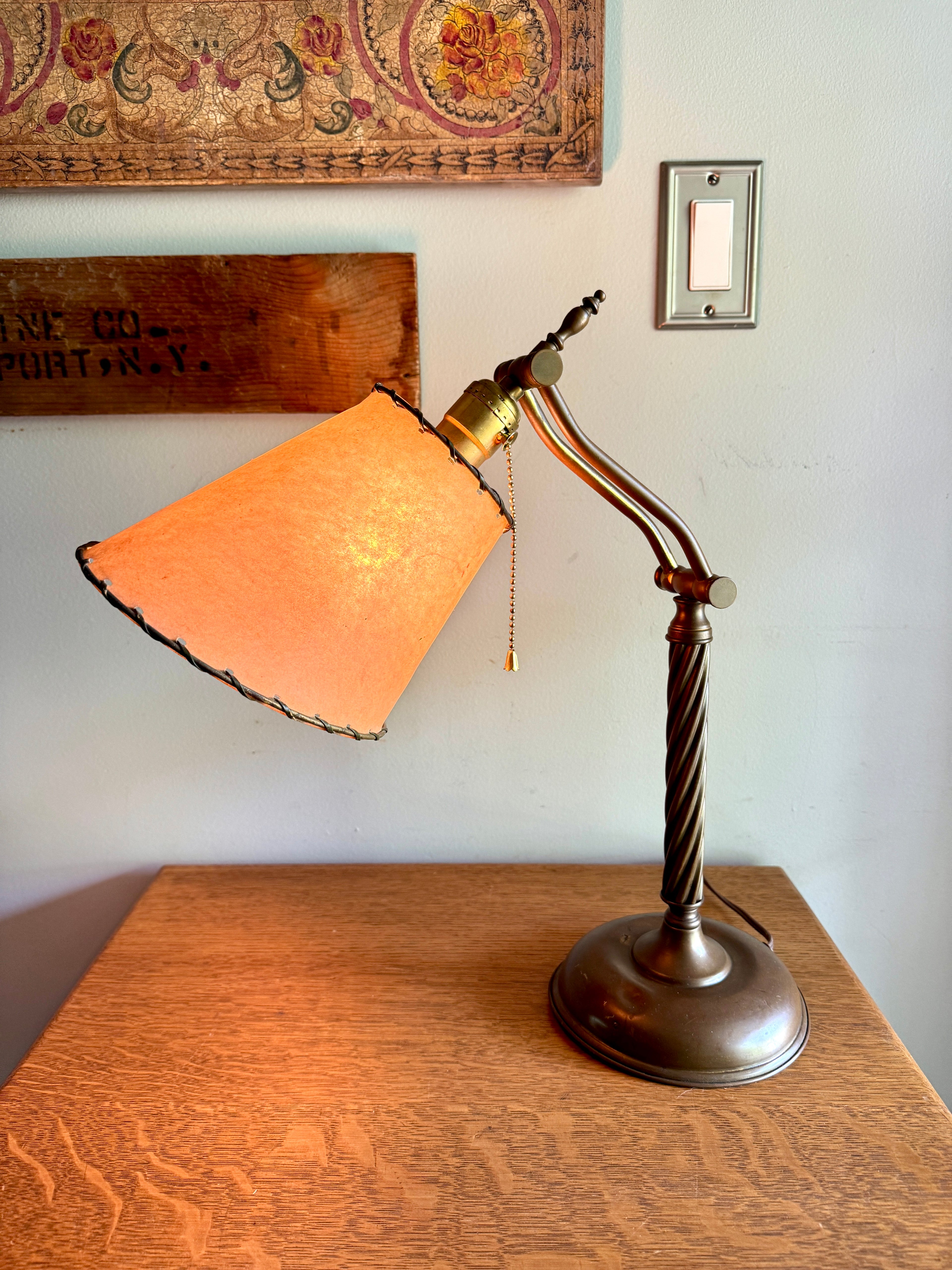 Antique Brass Desk Lamp with Twisted Stem and Parchment Paper Shade