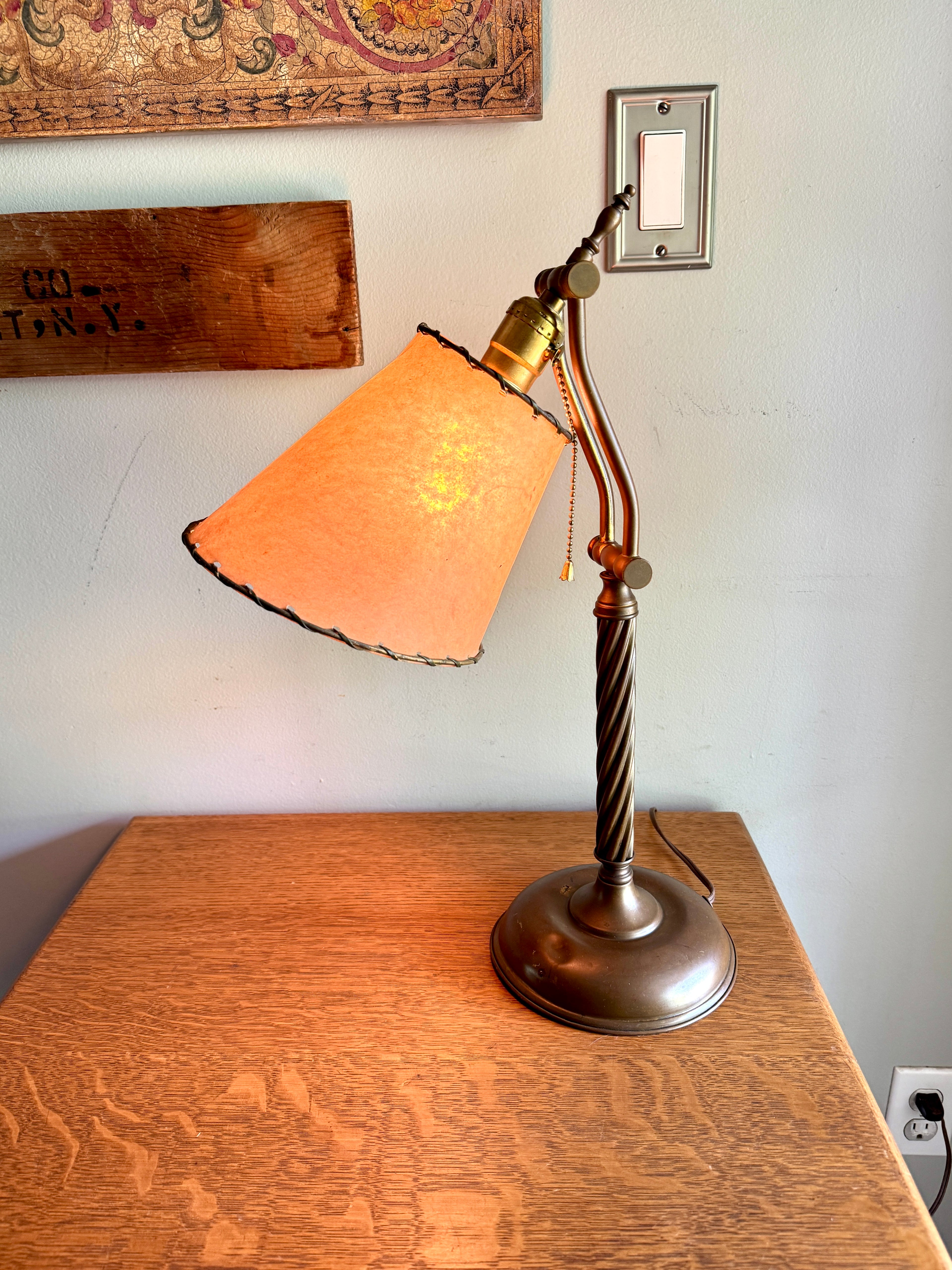 Antique Brass Desk Lamp with Twisted Stem and Parchment Paper Shade