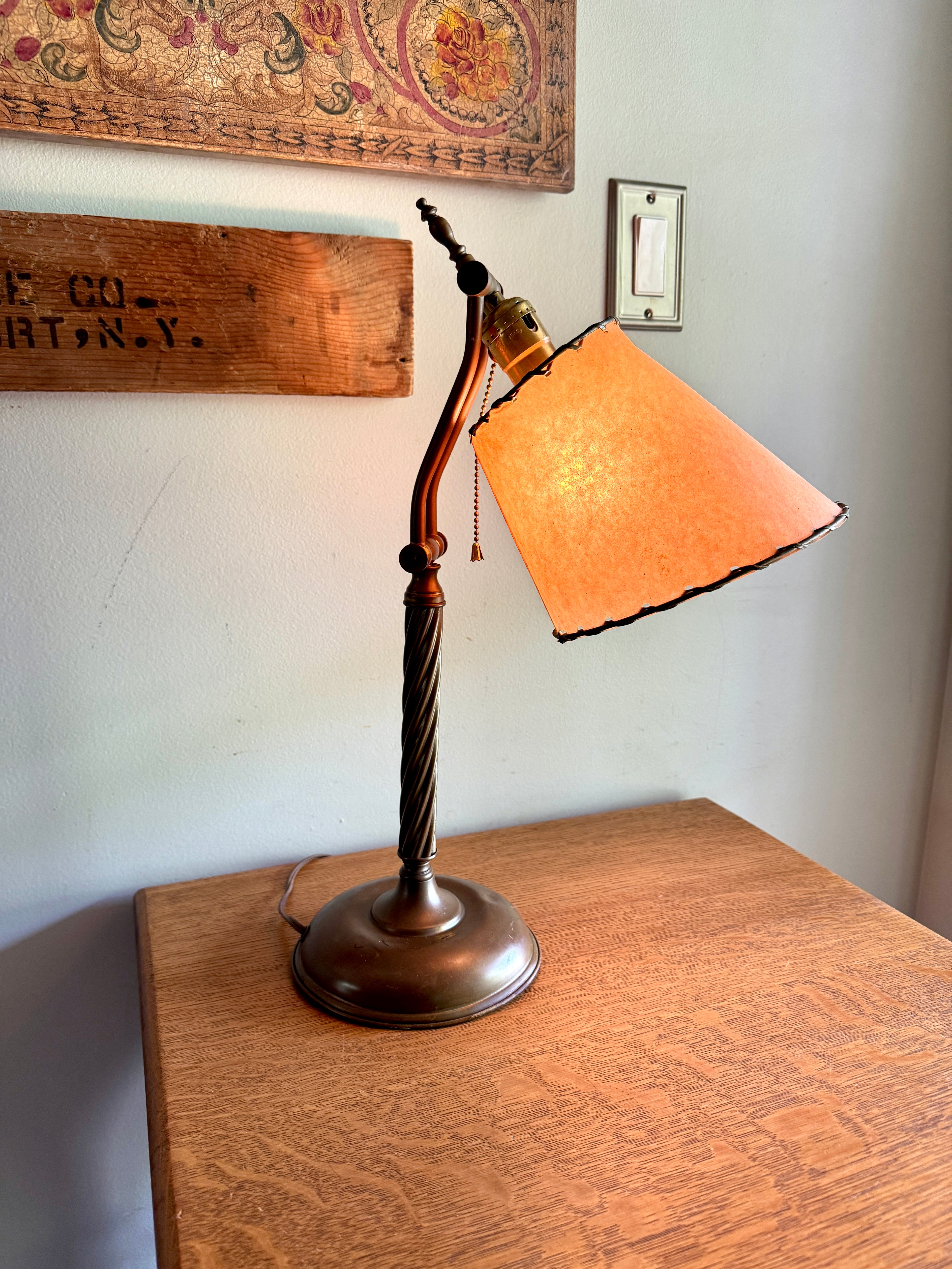 Antique Brass Desk Lamp with Twisted Stem and Parchment Paper Shade