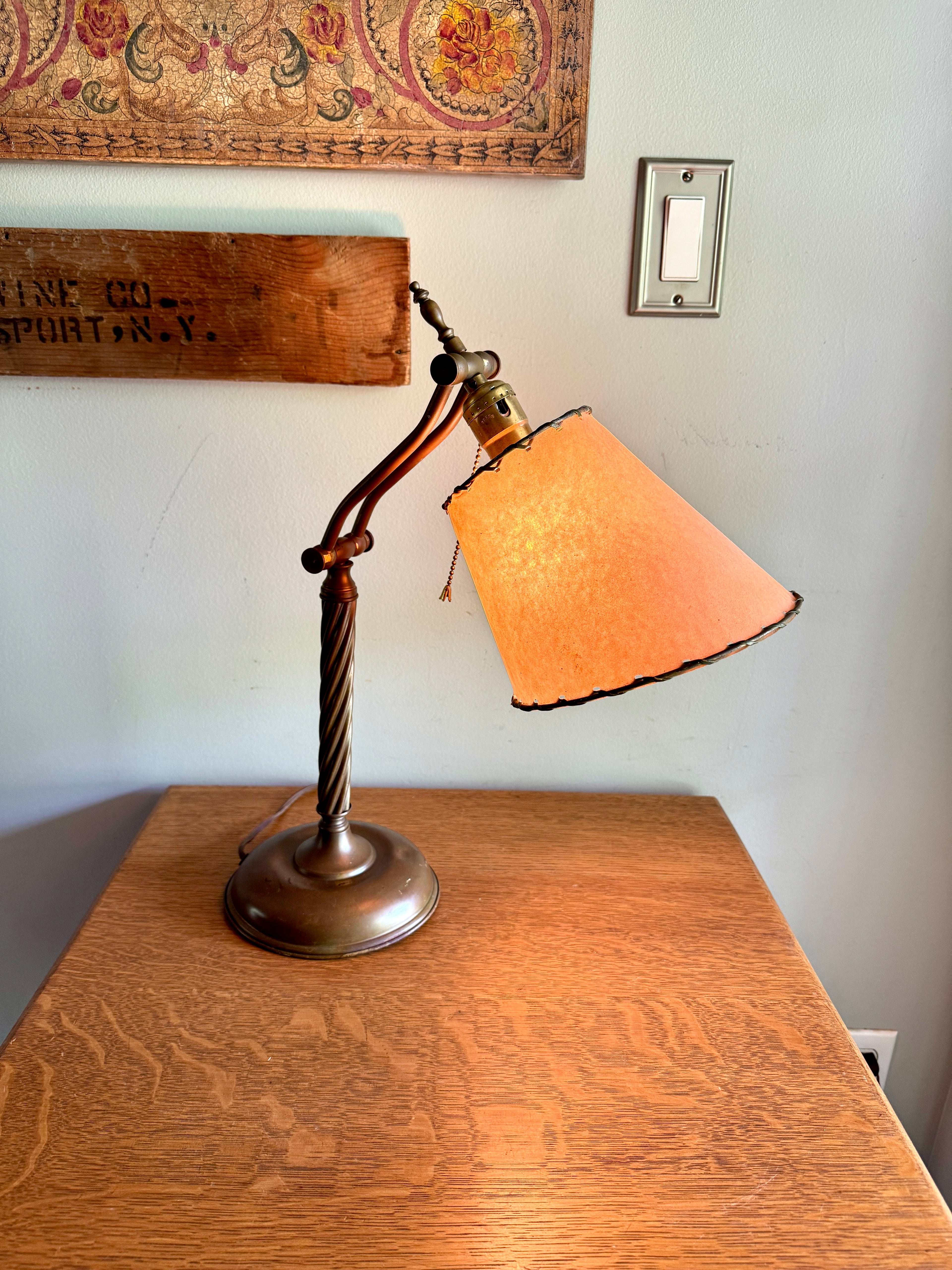 Antique Brass Desk Lamp with Twisted Stem and Parchment Paper Shade