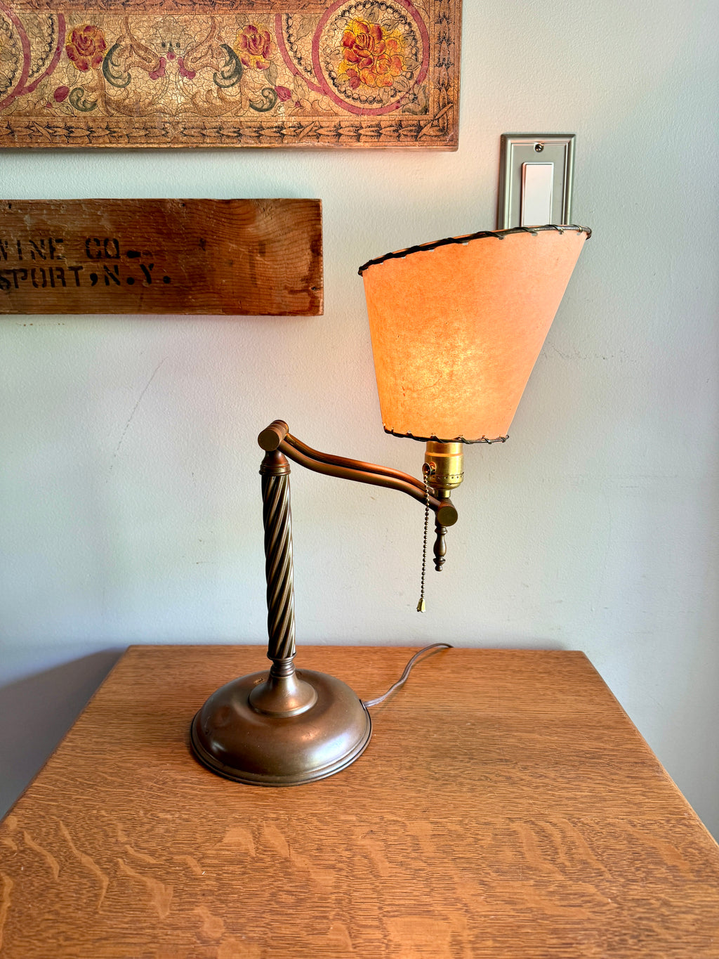 Antique Brass Desk Lamp with Twisted Stem and Parchment Paper Shade