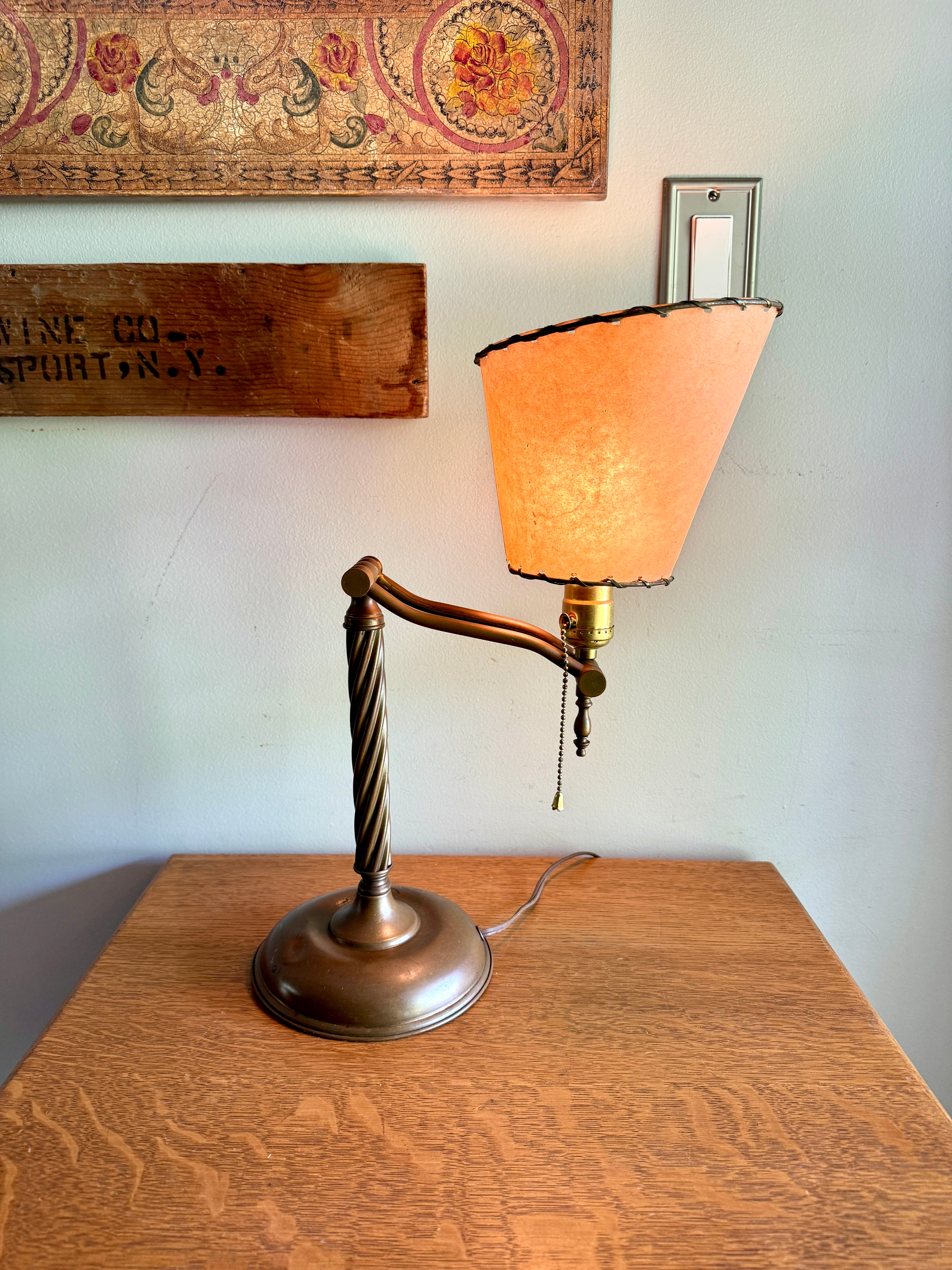 Antique Brass Desk Lamp with Twisted Stem and Parchment Paper Shade