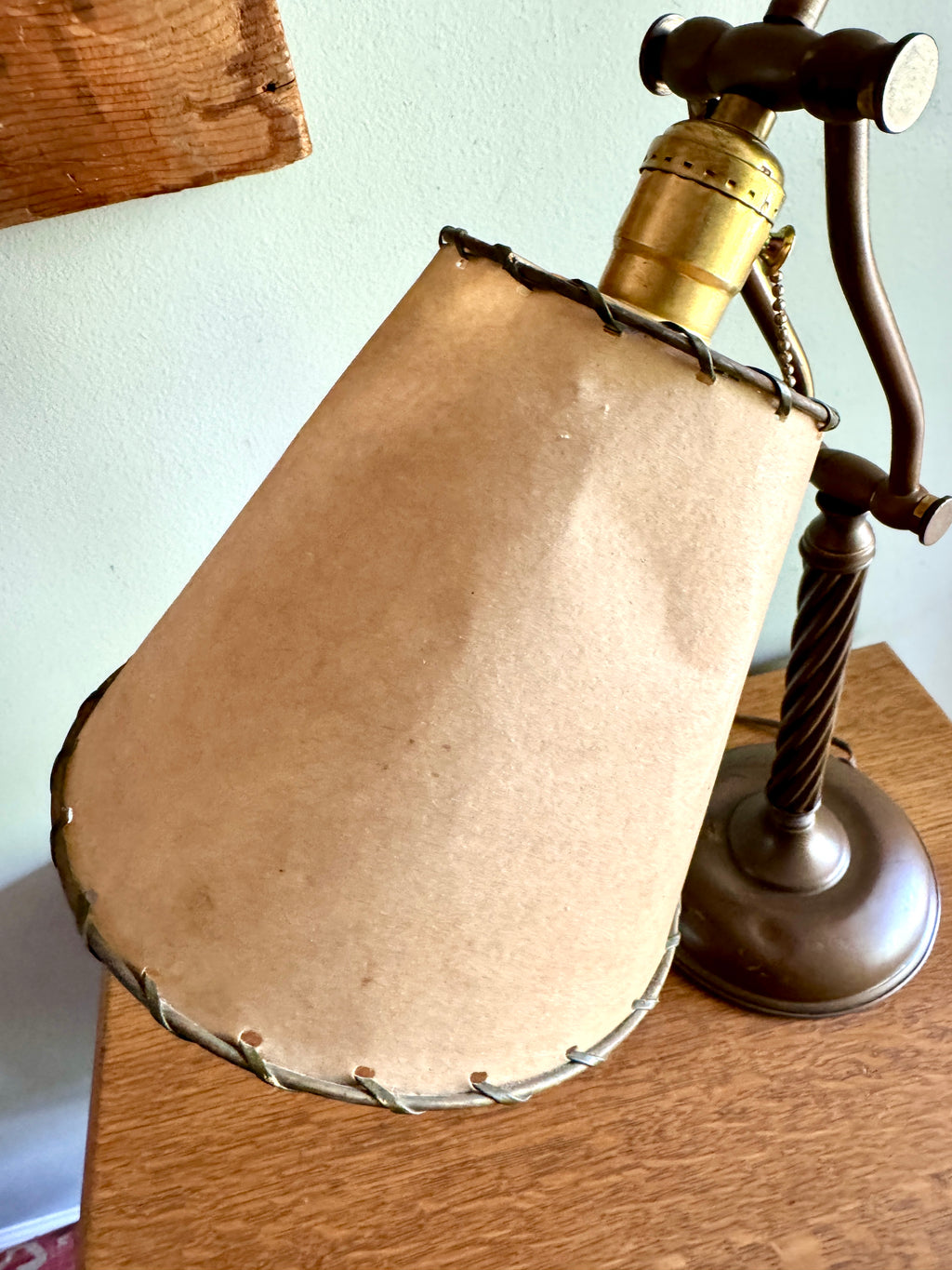 Antique Brass Desk Lamp with Twisted Stem and Parchment Paper Shade