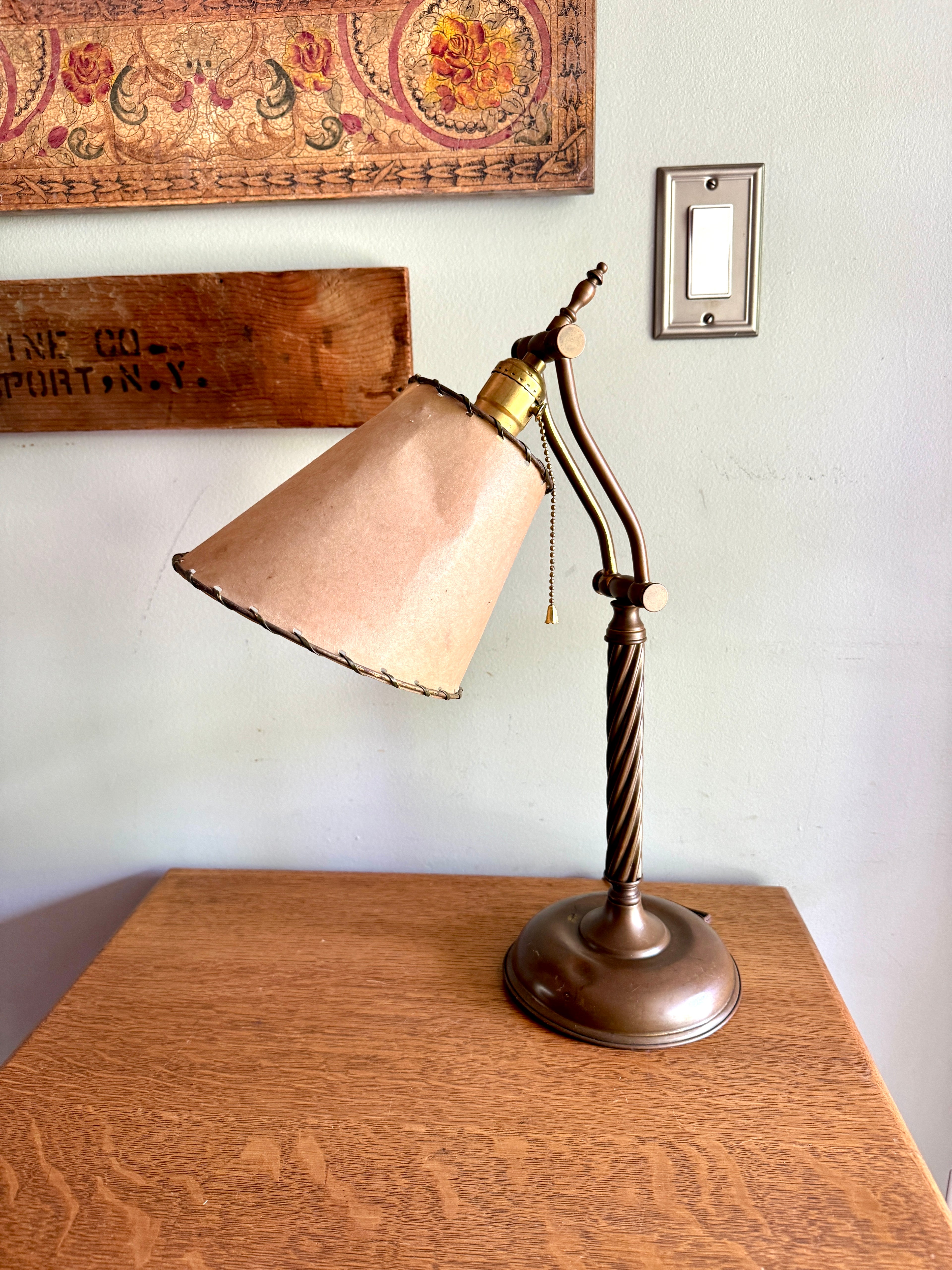 Antique Brass Desk Lamp with Twisted Stem and Parchment Paper Shade