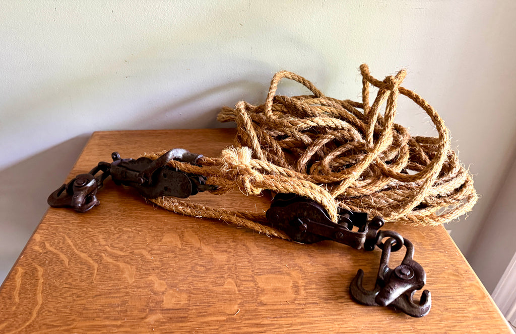 Antique Block & Tackle Cast Iron Double Pulley w/ Fence Stretcher Hook With Rope