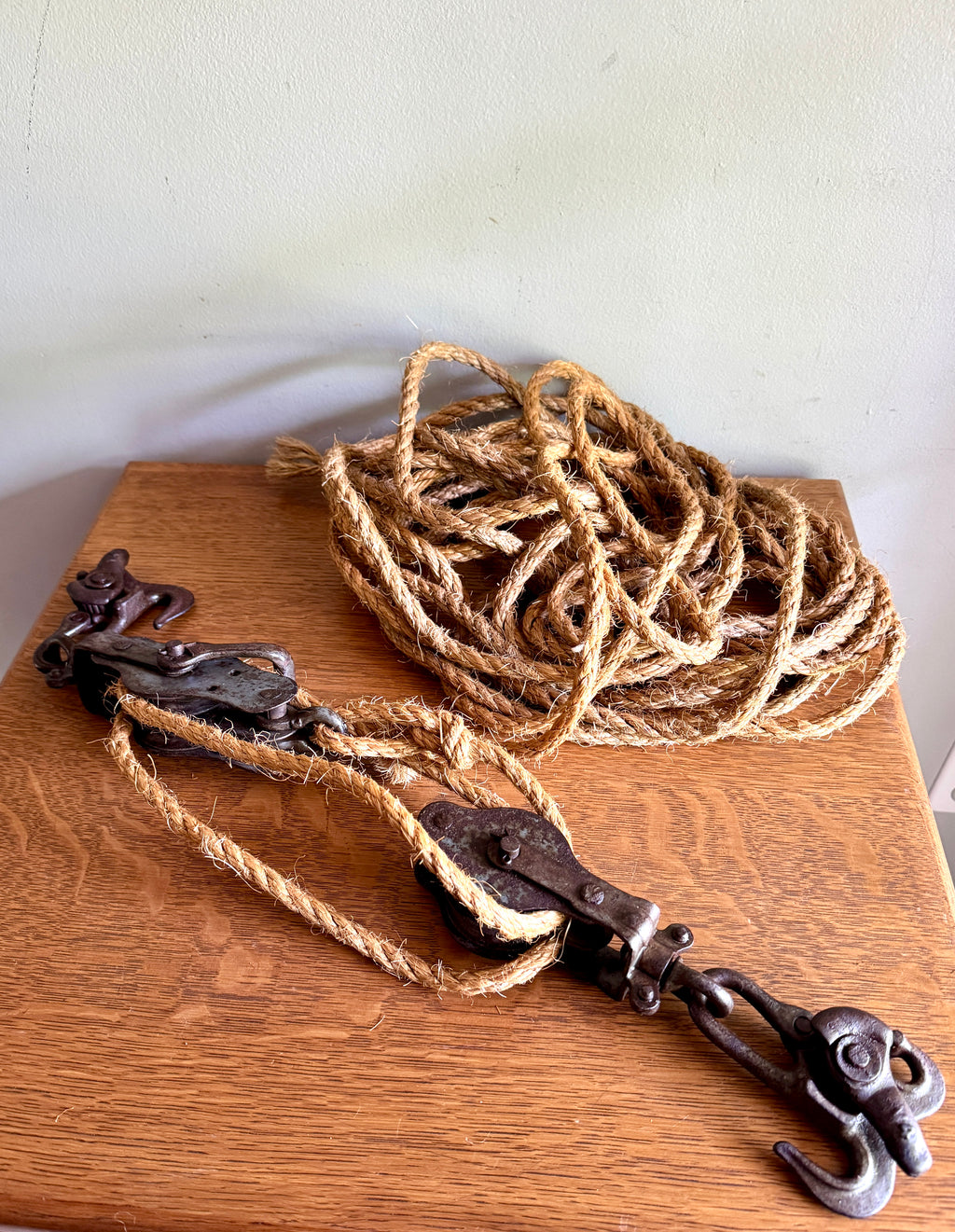 Antique Block & Tackle Cast Iron Double Pulley w/ Fence Stretcher Hook With Rope