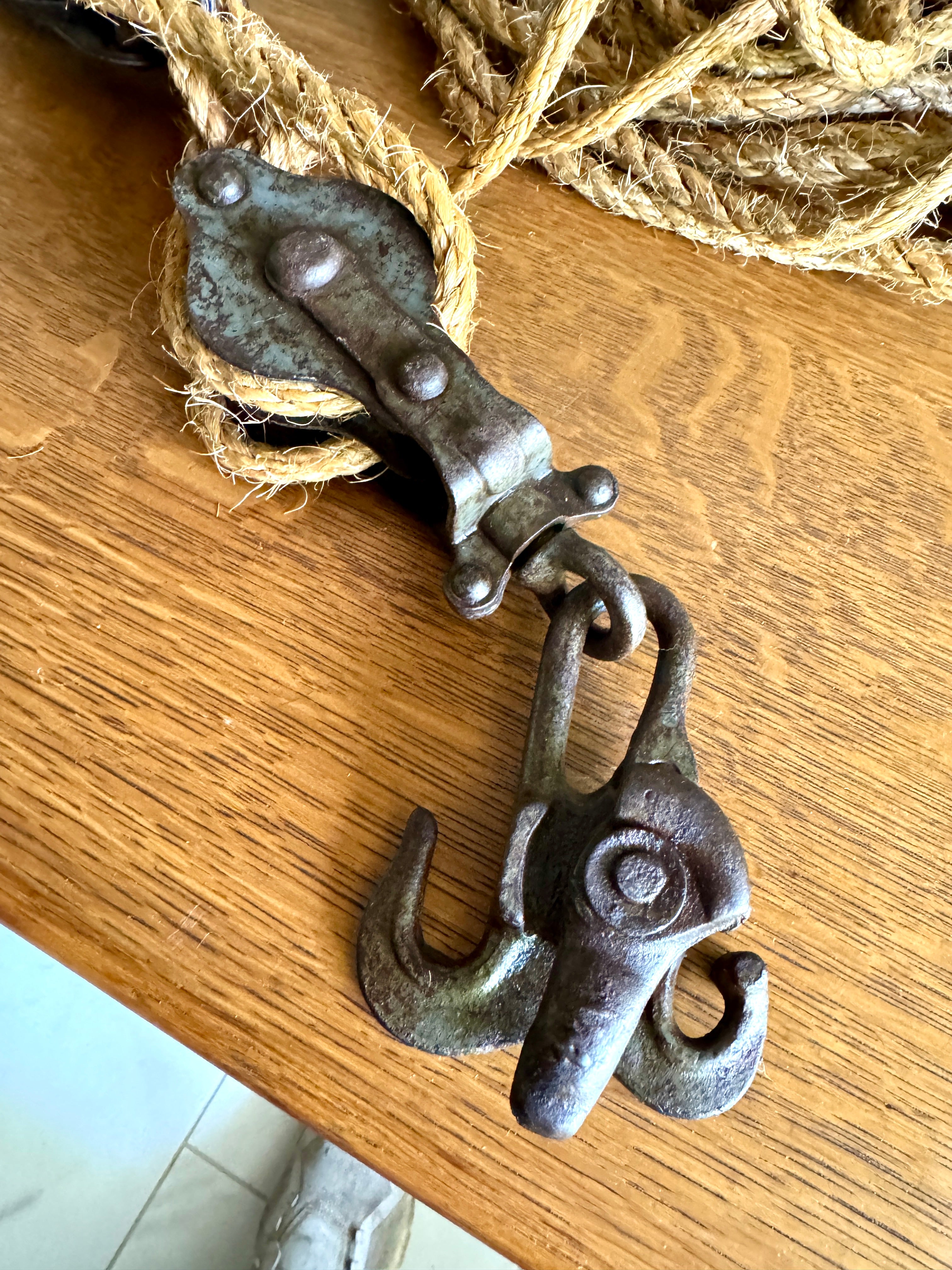 Antique Block & Tackle Cast Iron Double Pulley w/ Fence Stretcher Hook With Rope