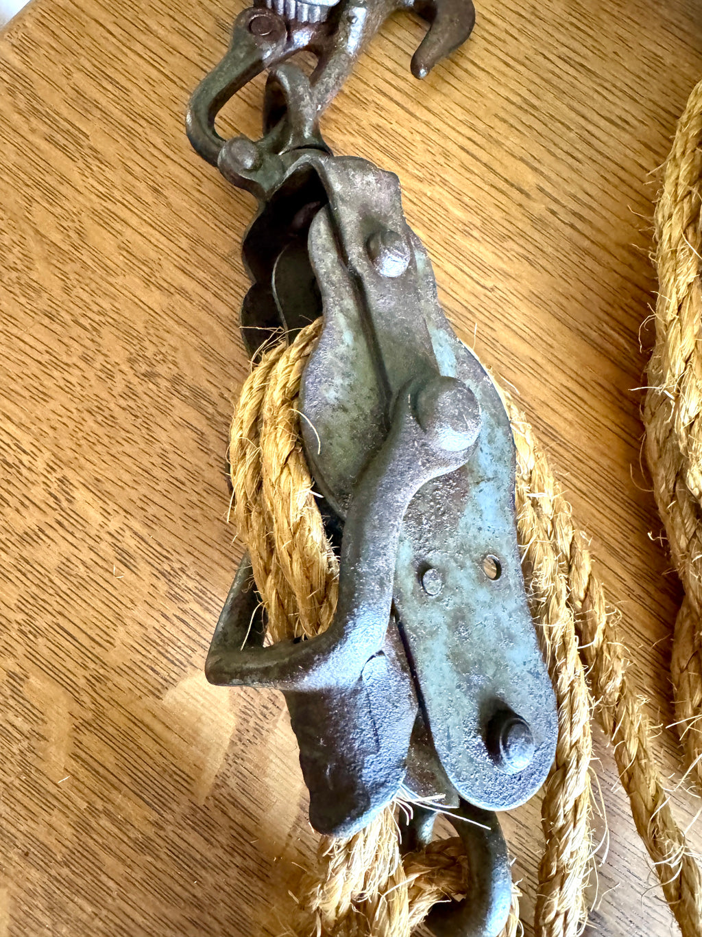 Antique Block & Tackle Cast Iron Double Pulley w/ Fence Stretcher Hook With Rope