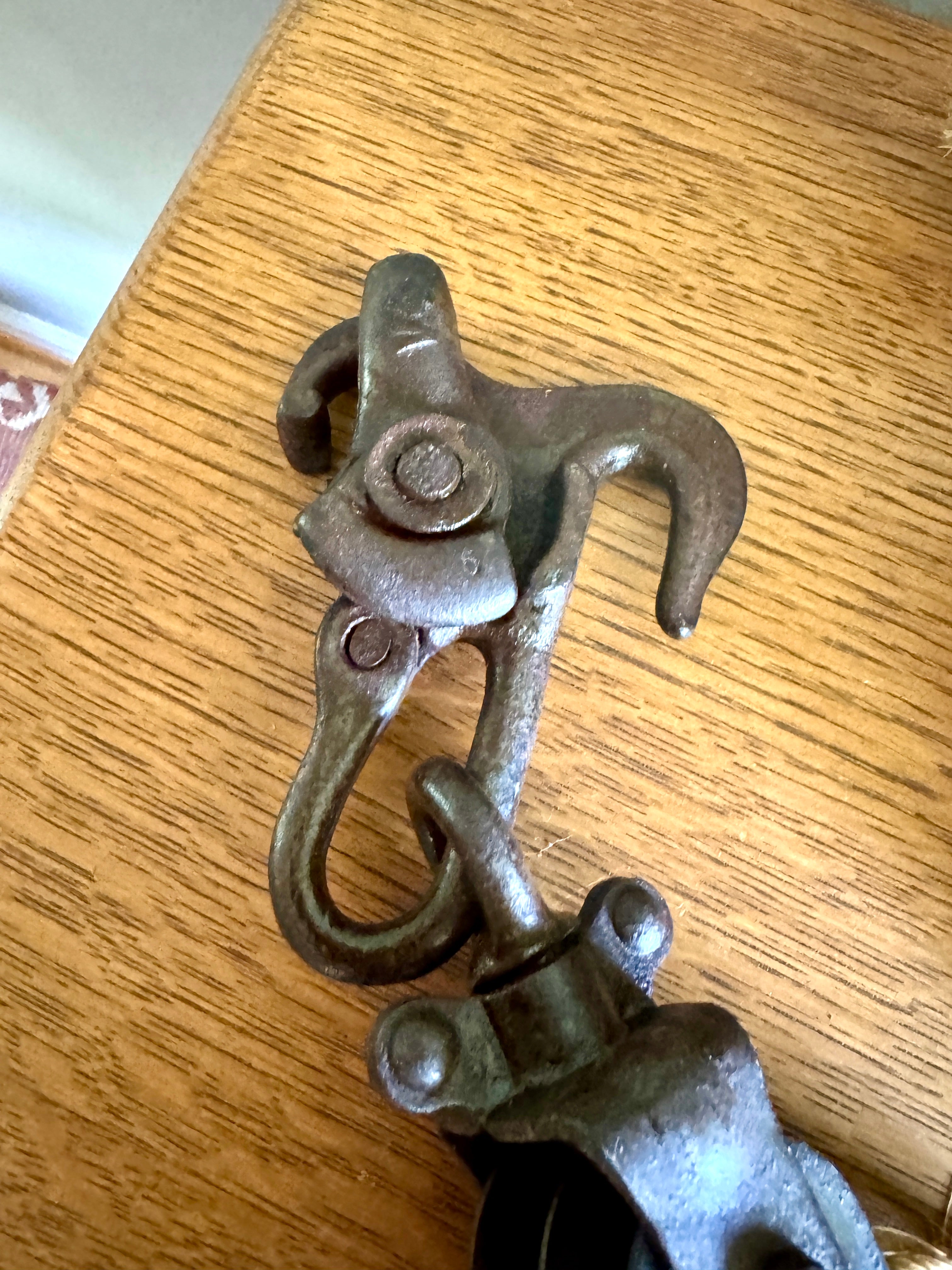 Antique Block & Tackle Cast Iron Double Pulley w/ Fence Stretcher Hook With Rope