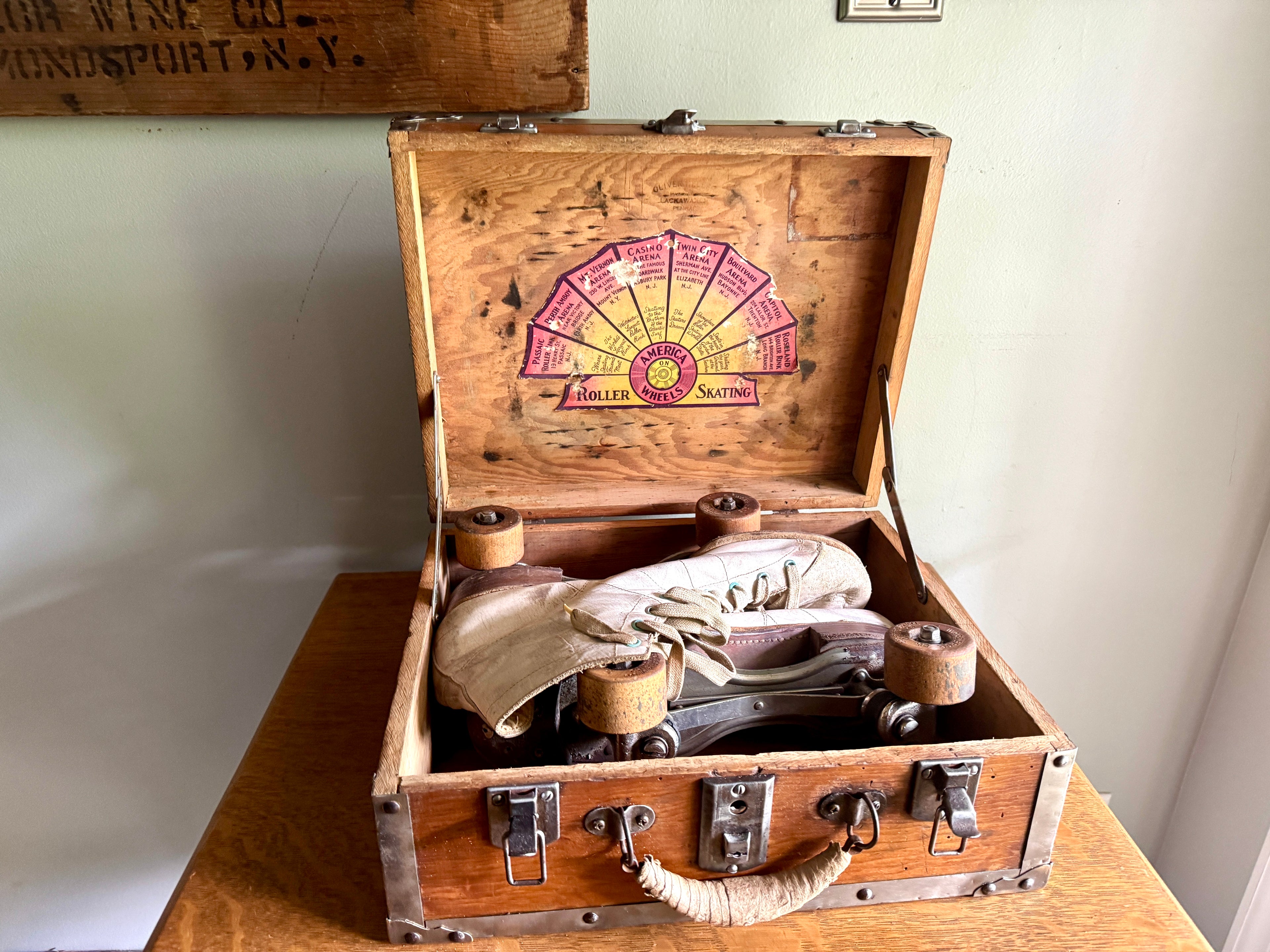 Capitol Arena Roller Skating Wooden Box With Ware Bros. Roller Skates with Wooden Wheels