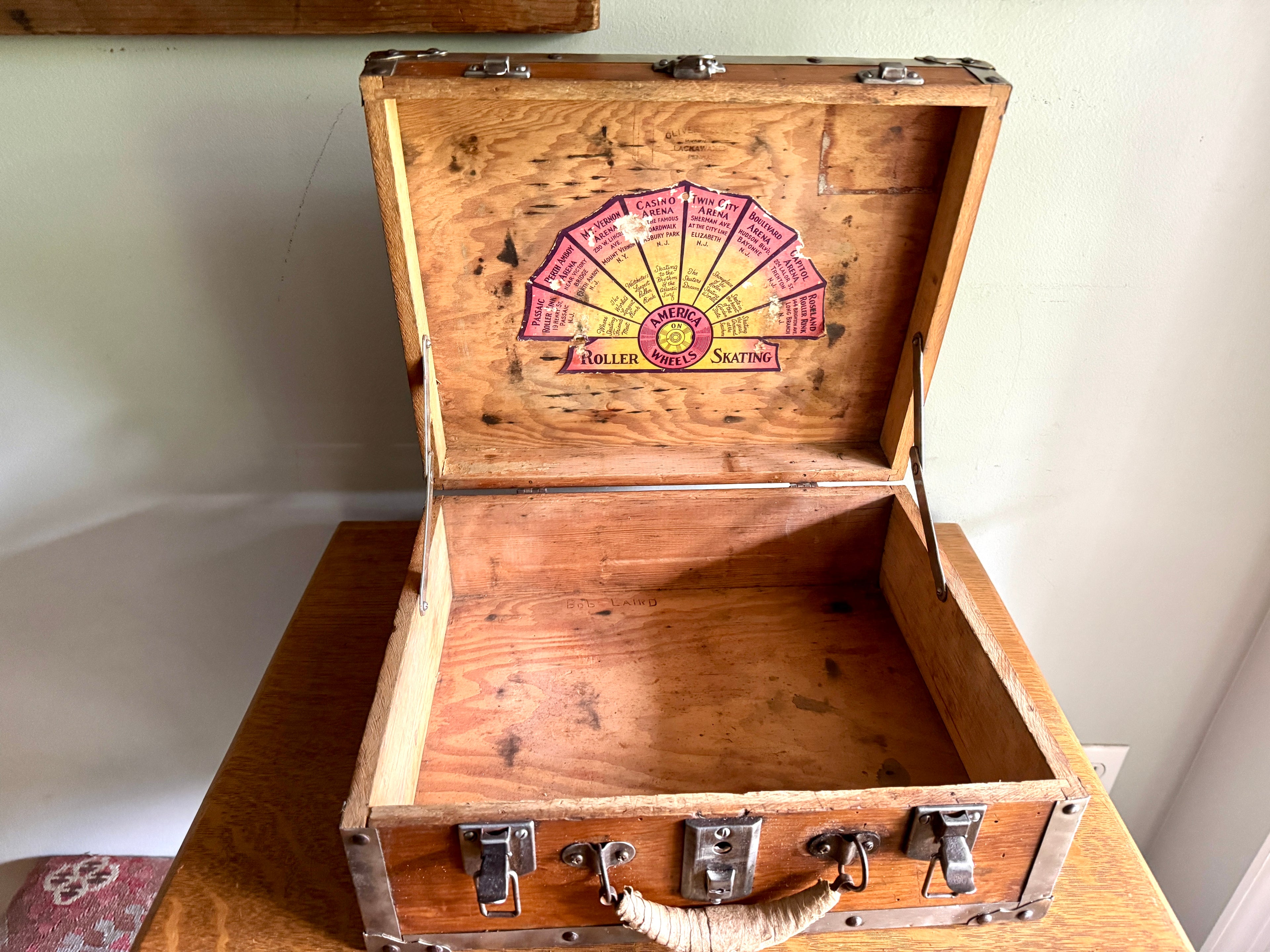 Capitol Arena Roller Skating Wooden Box With Ware Bros. Roller Skates with Wooden Wheels