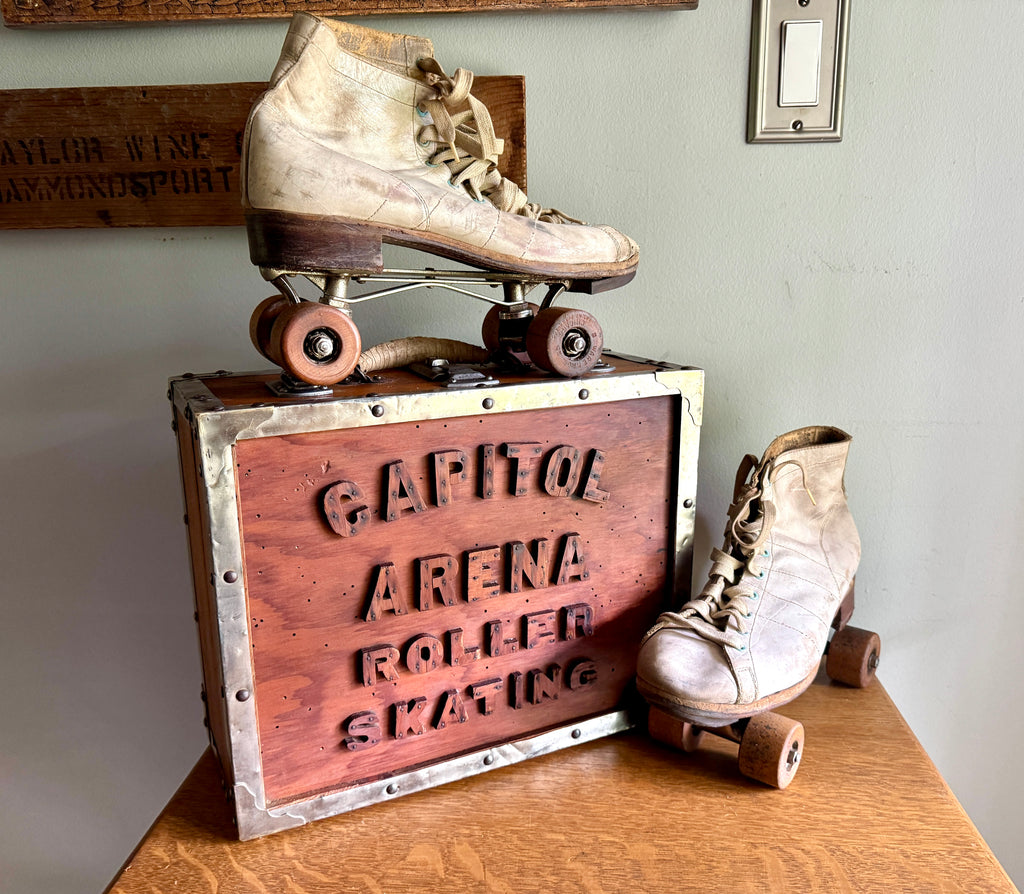 Capitol Arena Roller Skating Wooden Box With Ware Bros. Roller Skates with Wooden Wheels