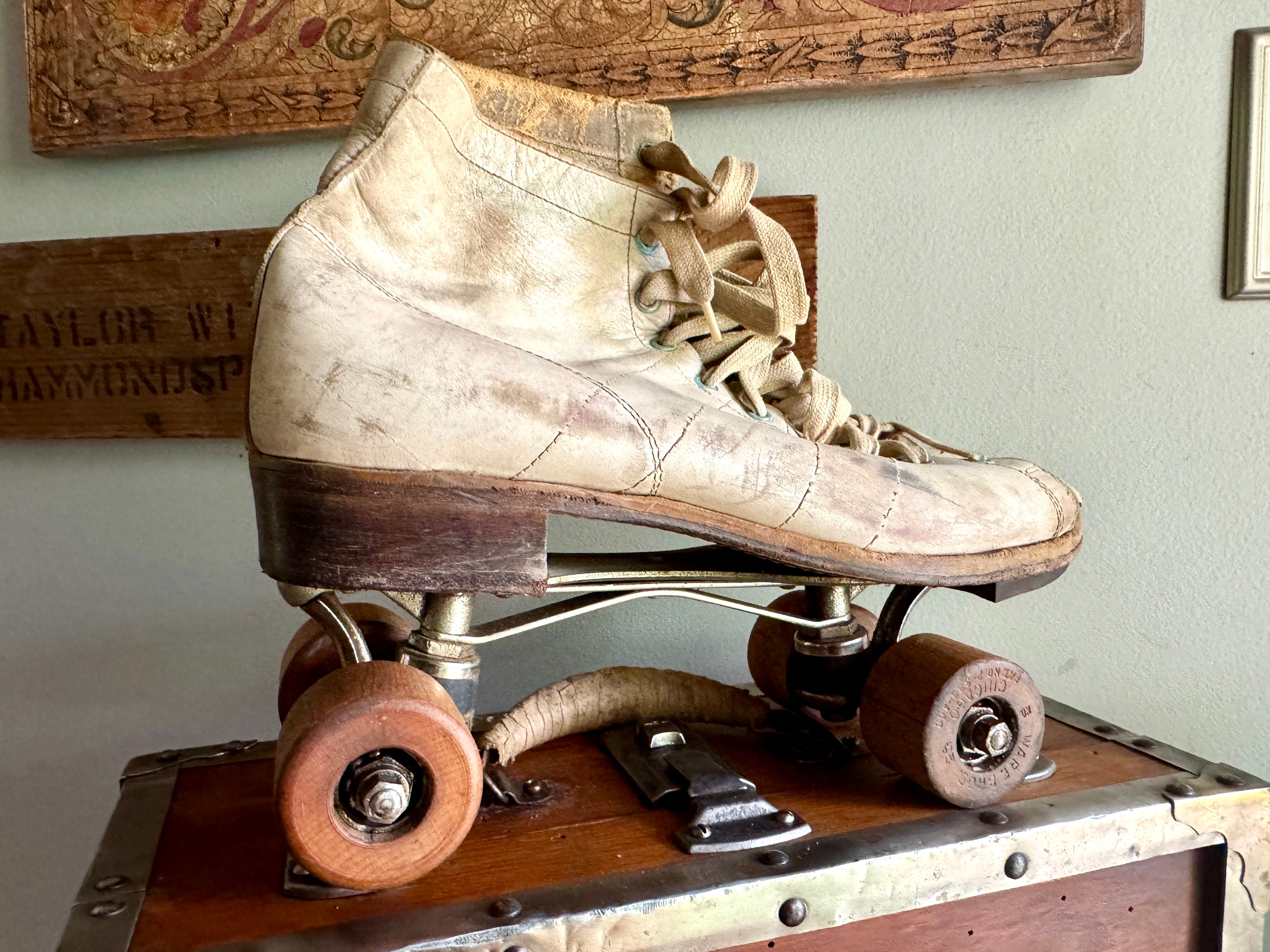 Capitol Arena Roller Skating Wooden Box With Ware Bros. Roller Skates with Wooden Wheels