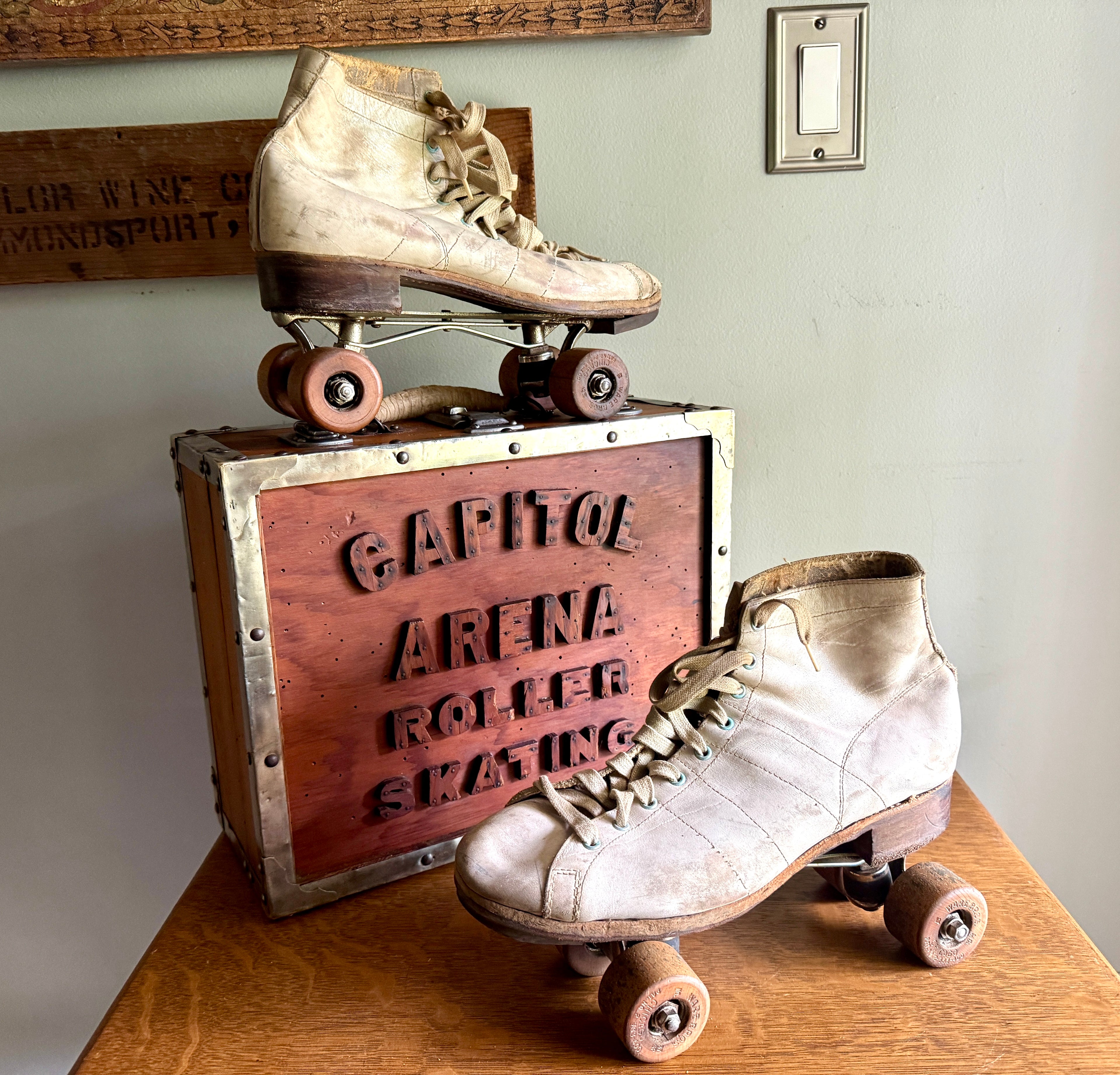 Capitol Arena Roller Skating Wooden Box With Ware Bros. Roller Skates with Wooden Wheels