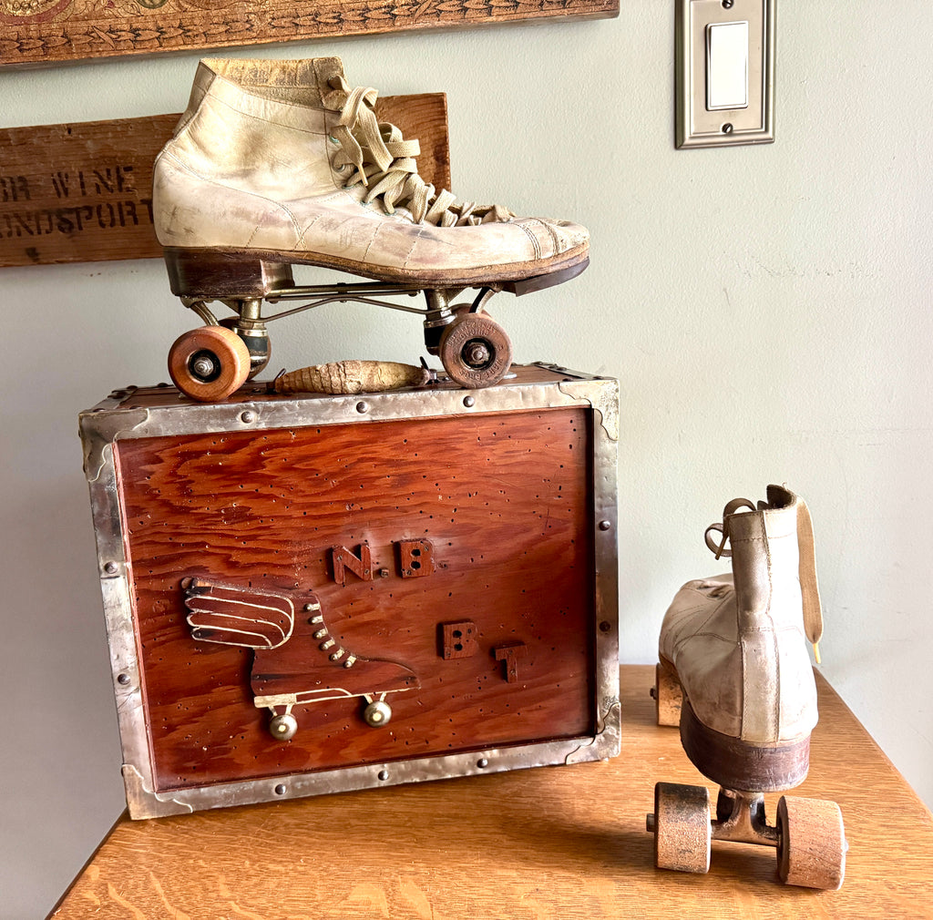 Capitol Arena Roller Skating Wooden Box With Ware Bros. Roller Skates with Wooden Wheels