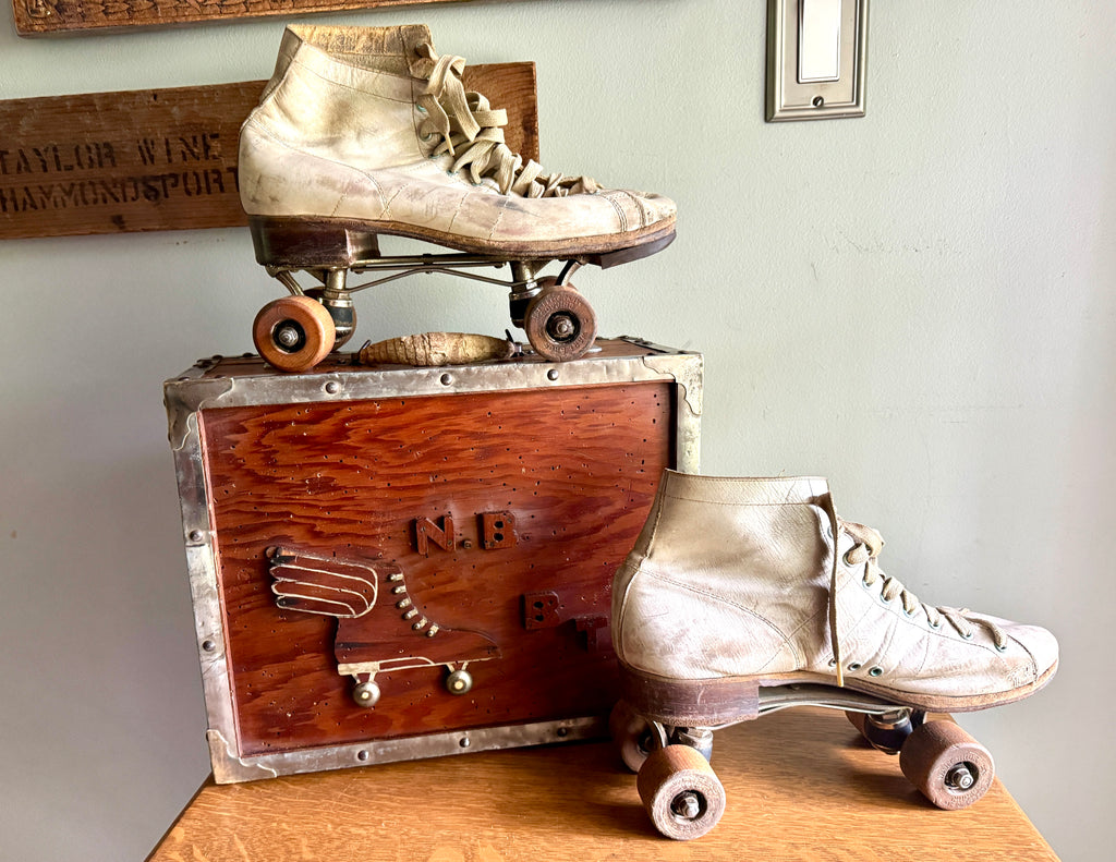 Capitol Arena Roller Skating Wooden Box With Ware Bros. Roller Skates with Wooden Wheels