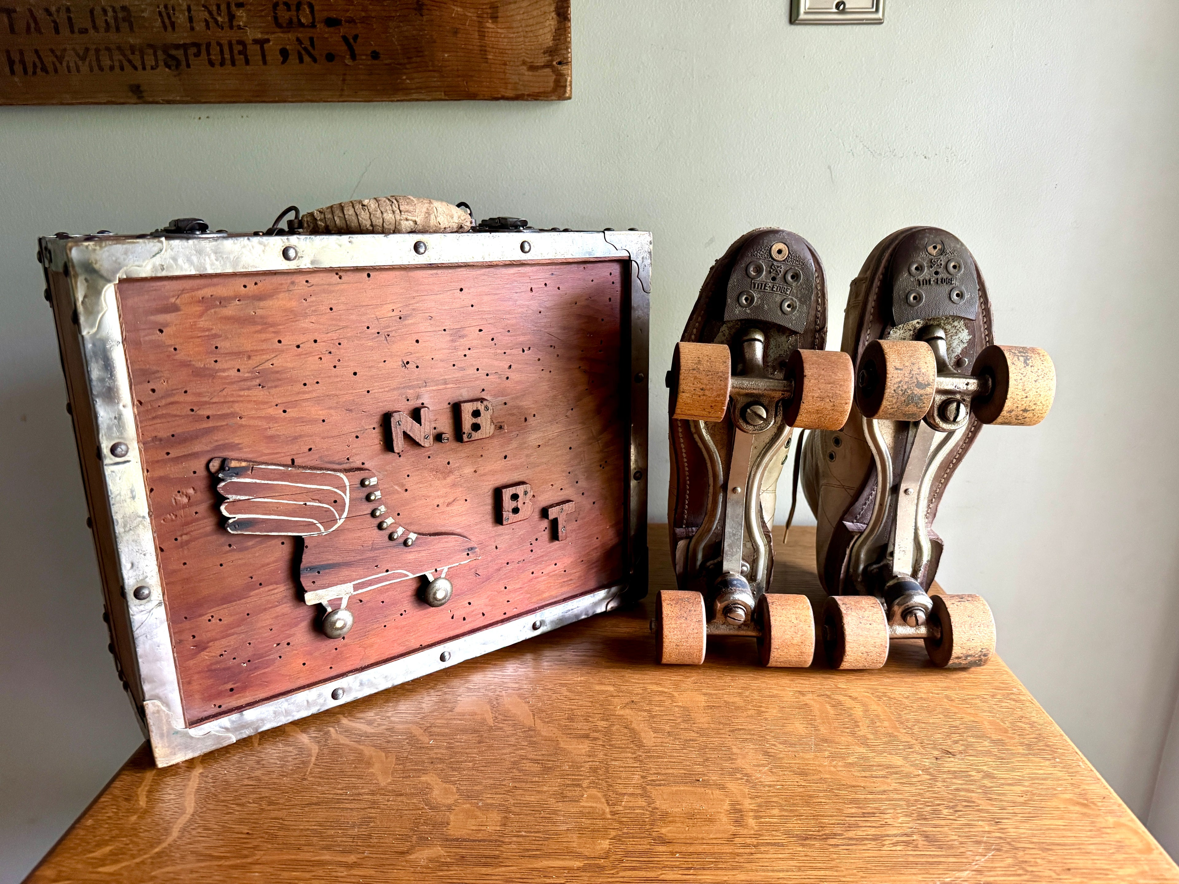 Capitol Arena Roller Skating Wooden Box With Ware Bros. Roller Skates with Wooden Wheels