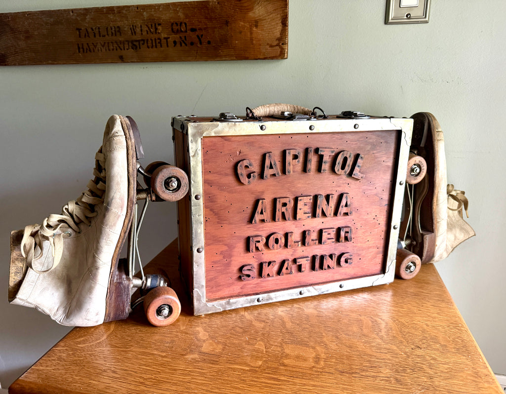 Capitol Arena Roller Skating Wooden Box With Ware Bros. Roller Skates with Wooden Wheels