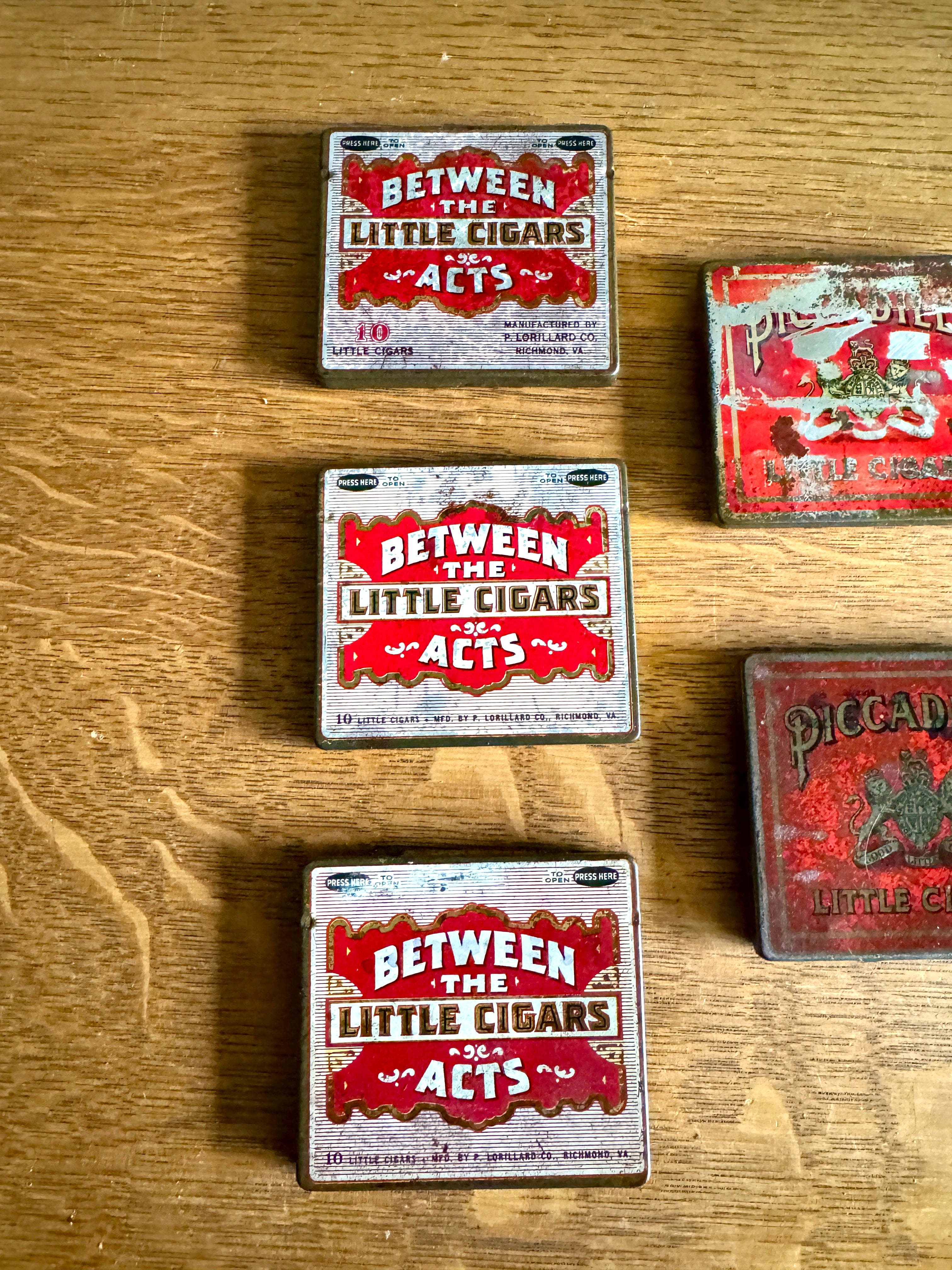 1940's Lot of Between The Acts Little Cigars Tins and Piccadilly Cigar Tins