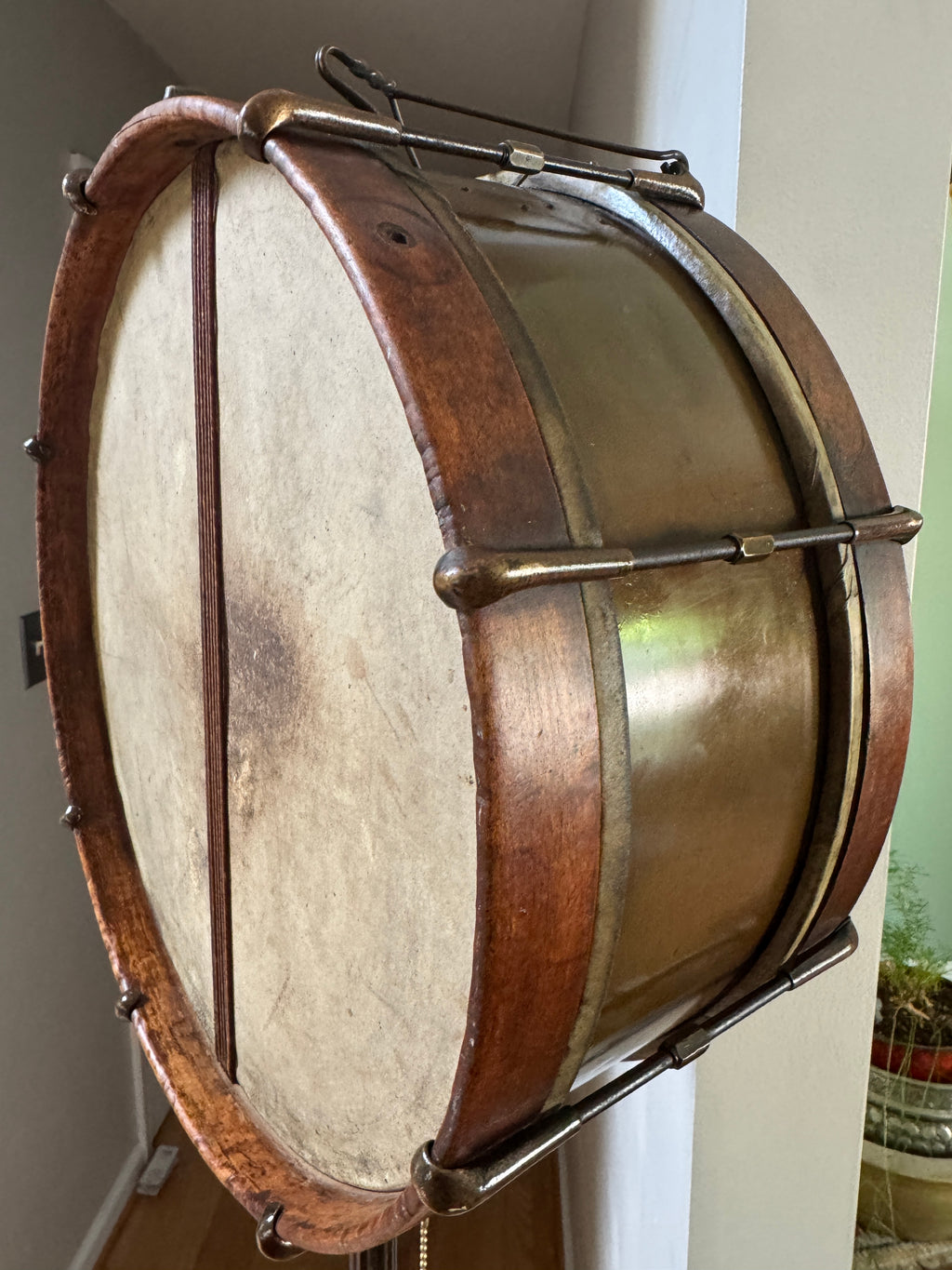 Vtg Wood & Brass Snare Drum Up-Cycled Floor Lamp ~ New Departure Snare Drum Lamp