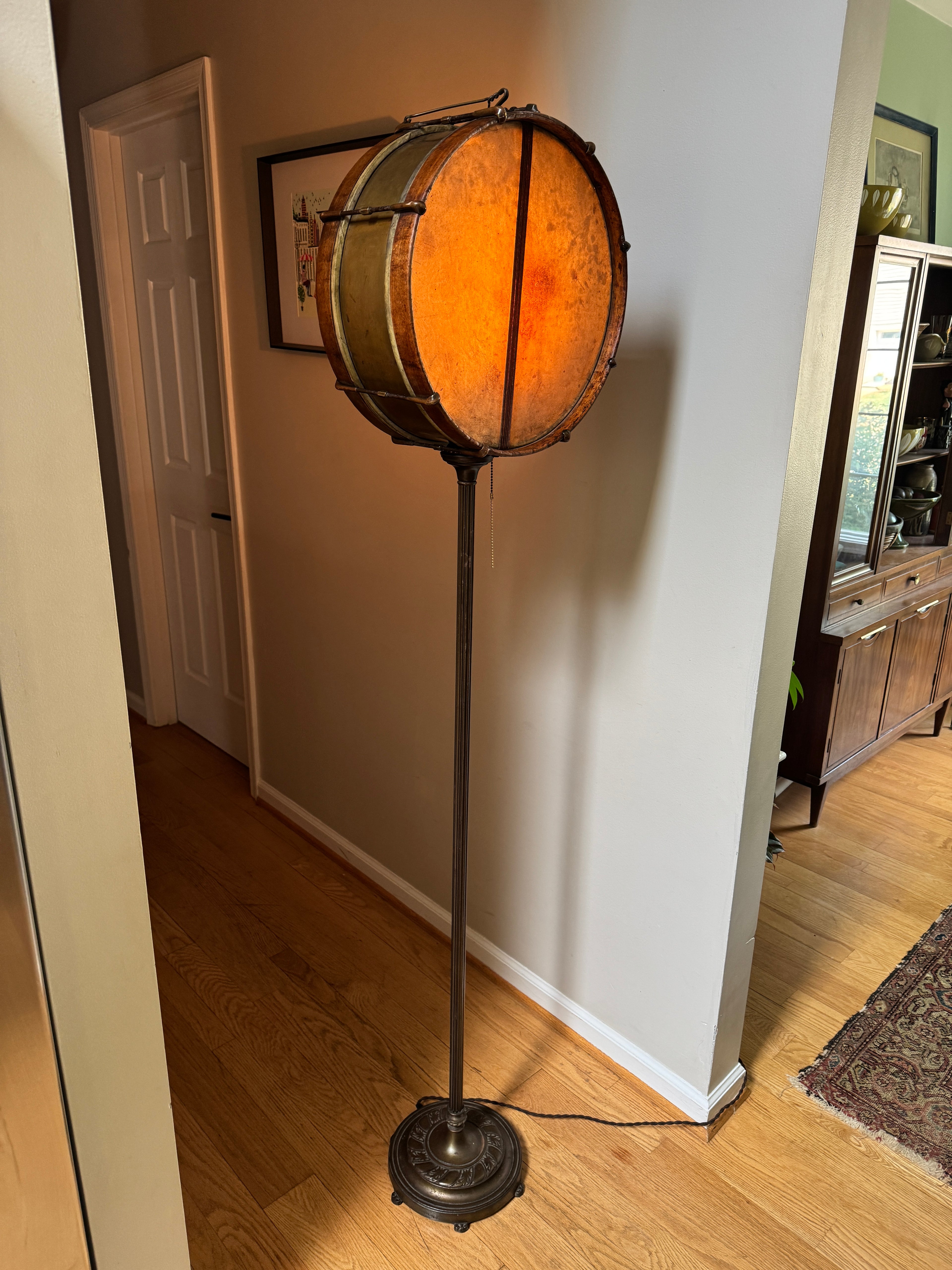 Vtg Wood & Brass Snare Drum Up-Cycled Floor Lamp ~ New Departure Snare Drum Lamp