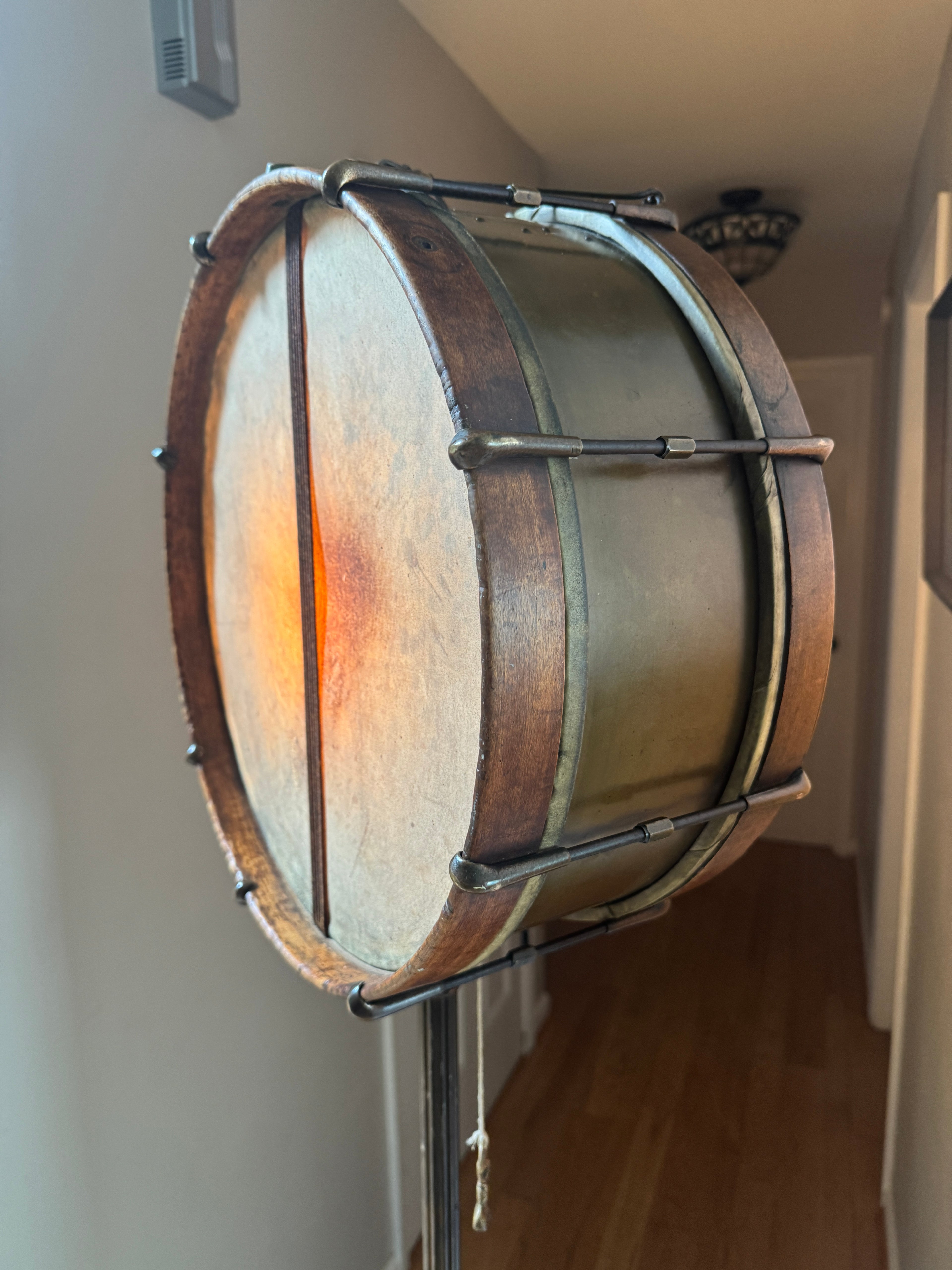 Vtg Wood & Brass Snare Drum Up-Cycled Floor Lamp ~ New Departure Snare Drum Lamp
