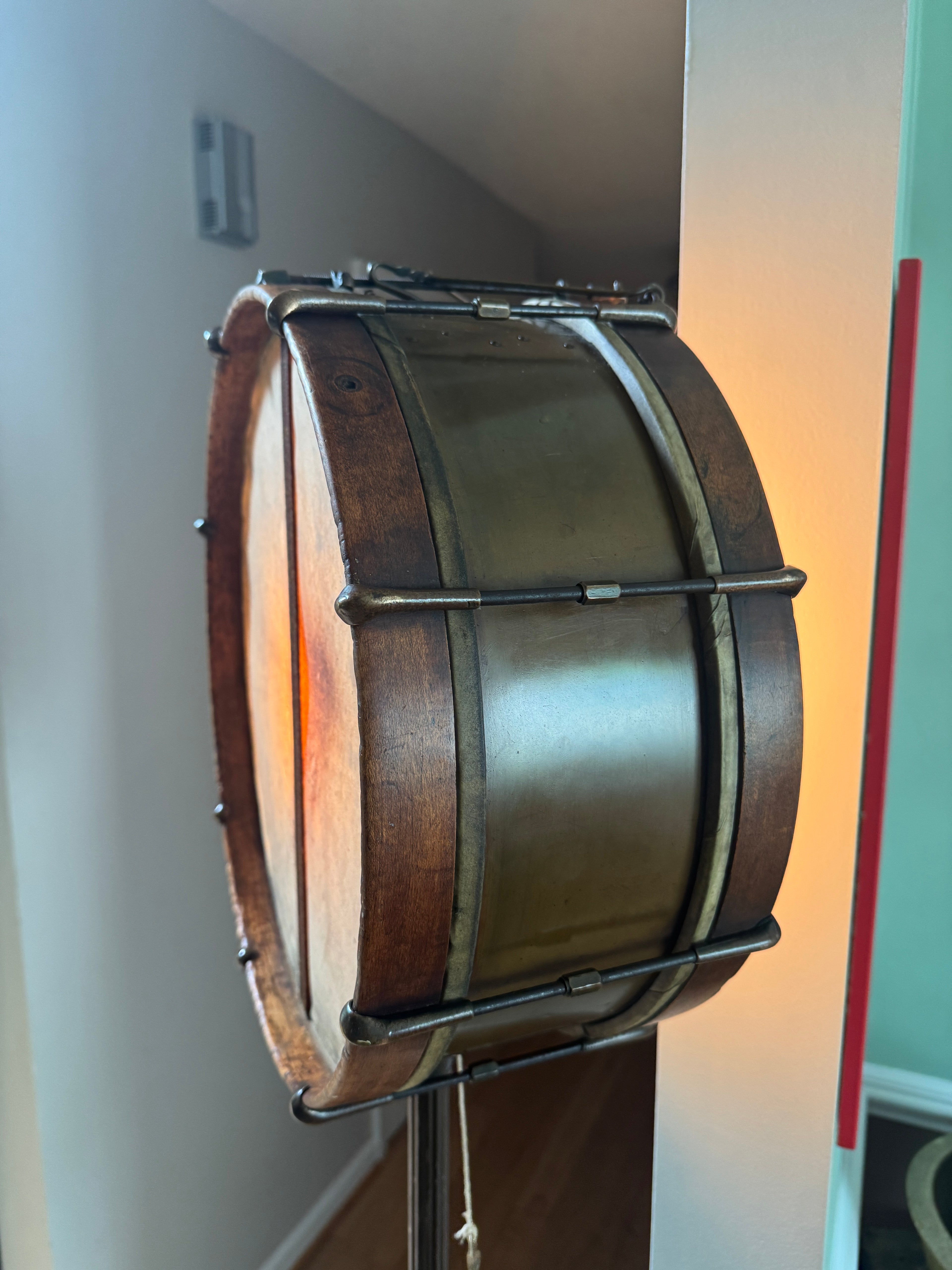Vtg Wood & Brass Snare Drum Up-Cycled Floor Lamp ~ New Departure Snare Drum Lamp
