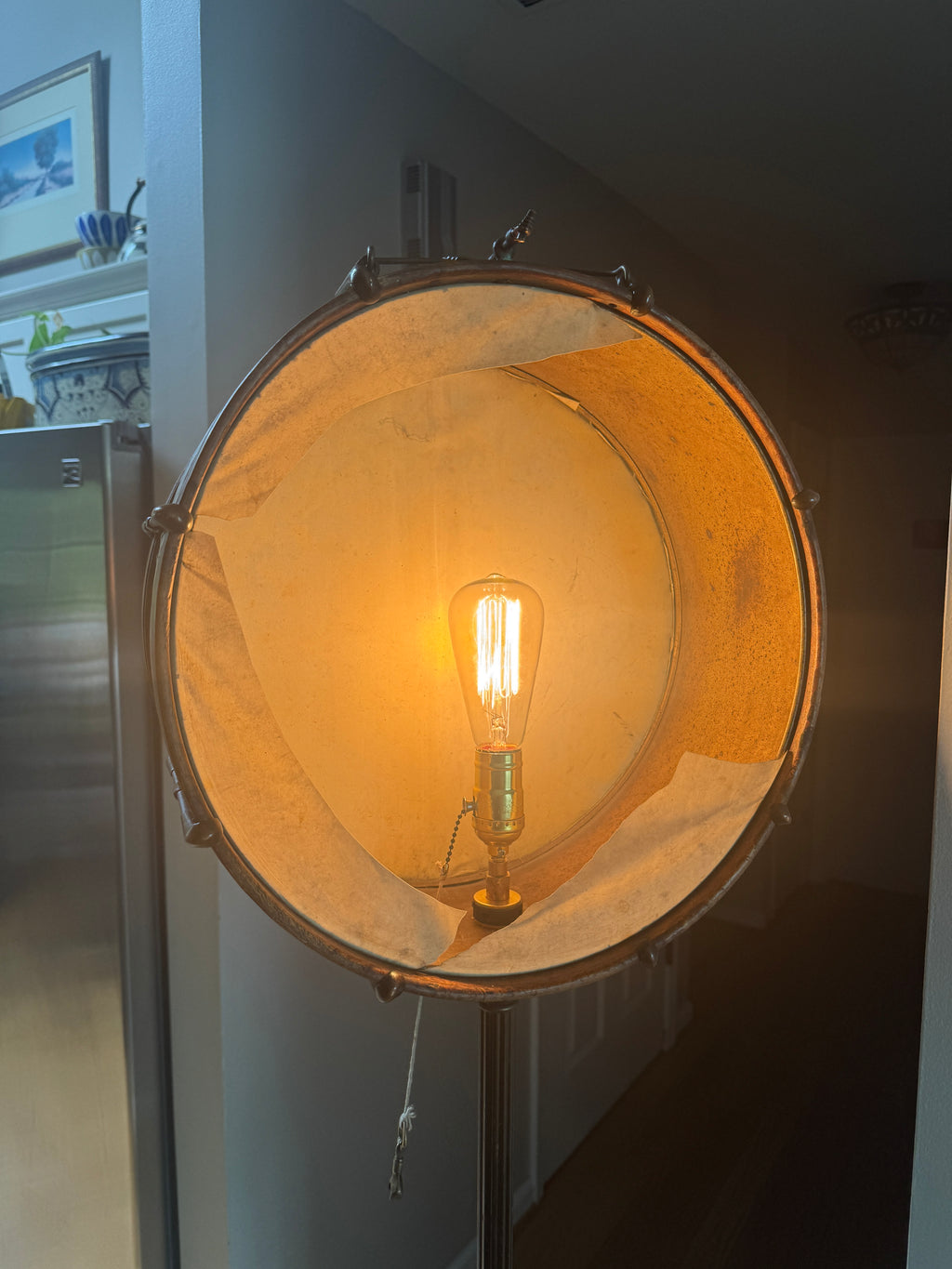 Vtg Wood & Brass Snare Drum Up-Cycled Floor Lamp ~ New Departure Snare Drum Lamp