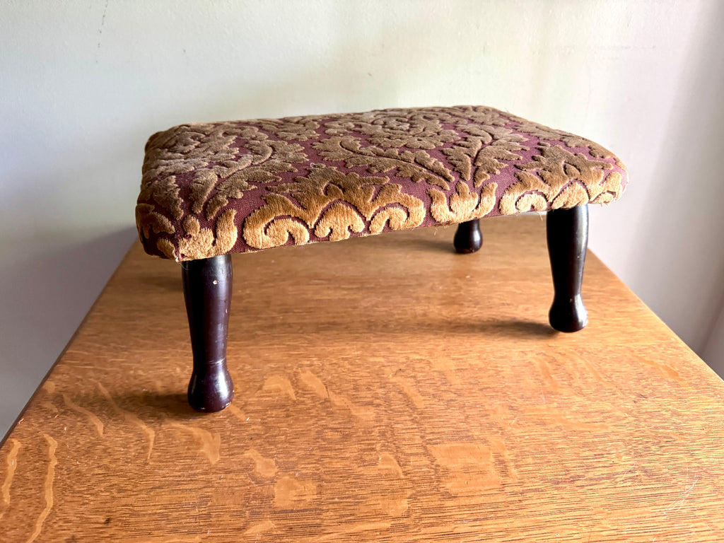 Footstool Velvet Upholstery - Garnet Floral Damask Design Velvet Upholstery Foot Stool - Victorian/Edwardian Turned Wood Legs