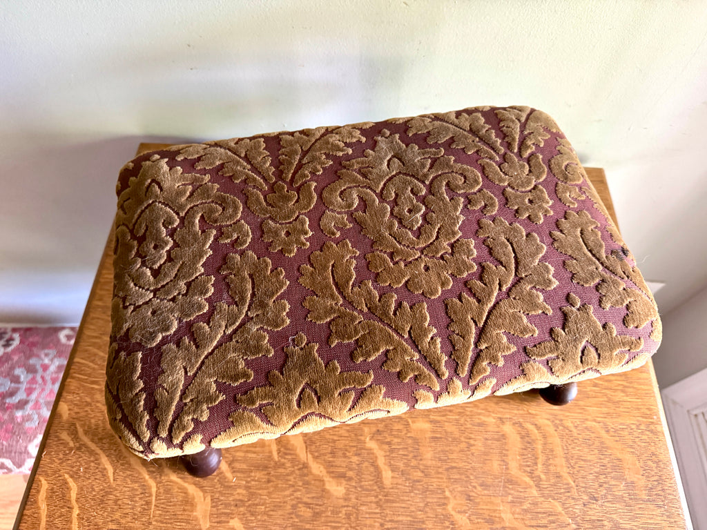 Footstool Velvet Upholstery - Garnet Floral Damask Design Velvet Upholstery Foot Stool - Victorian/Edwardian Turned Wood Legs