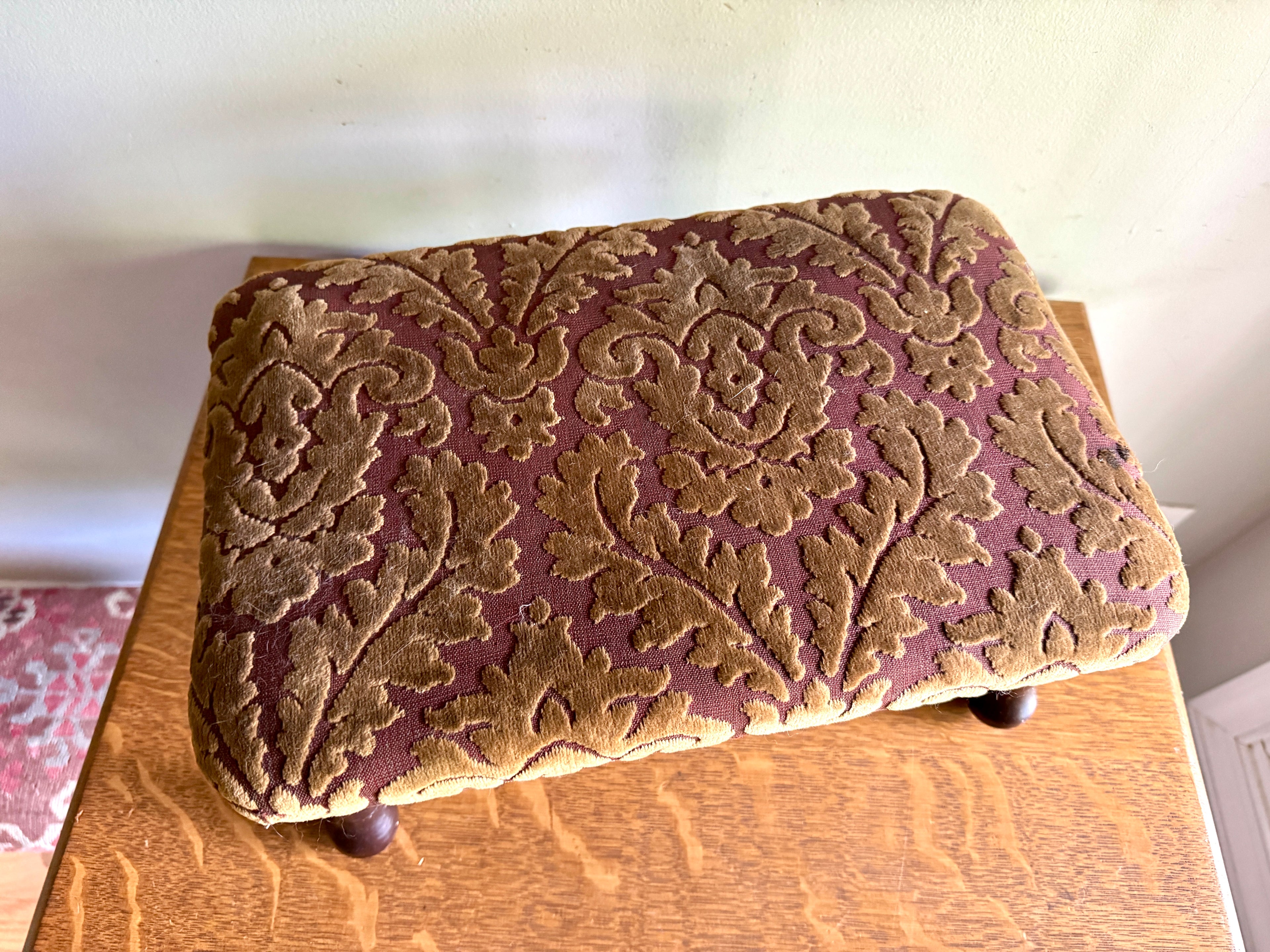 Footstool Velvet Upholstery - Garnet Floral Damask Design Velvet Upholstery Foot Stool - Victorian/Edwardian Turned Wood Legs