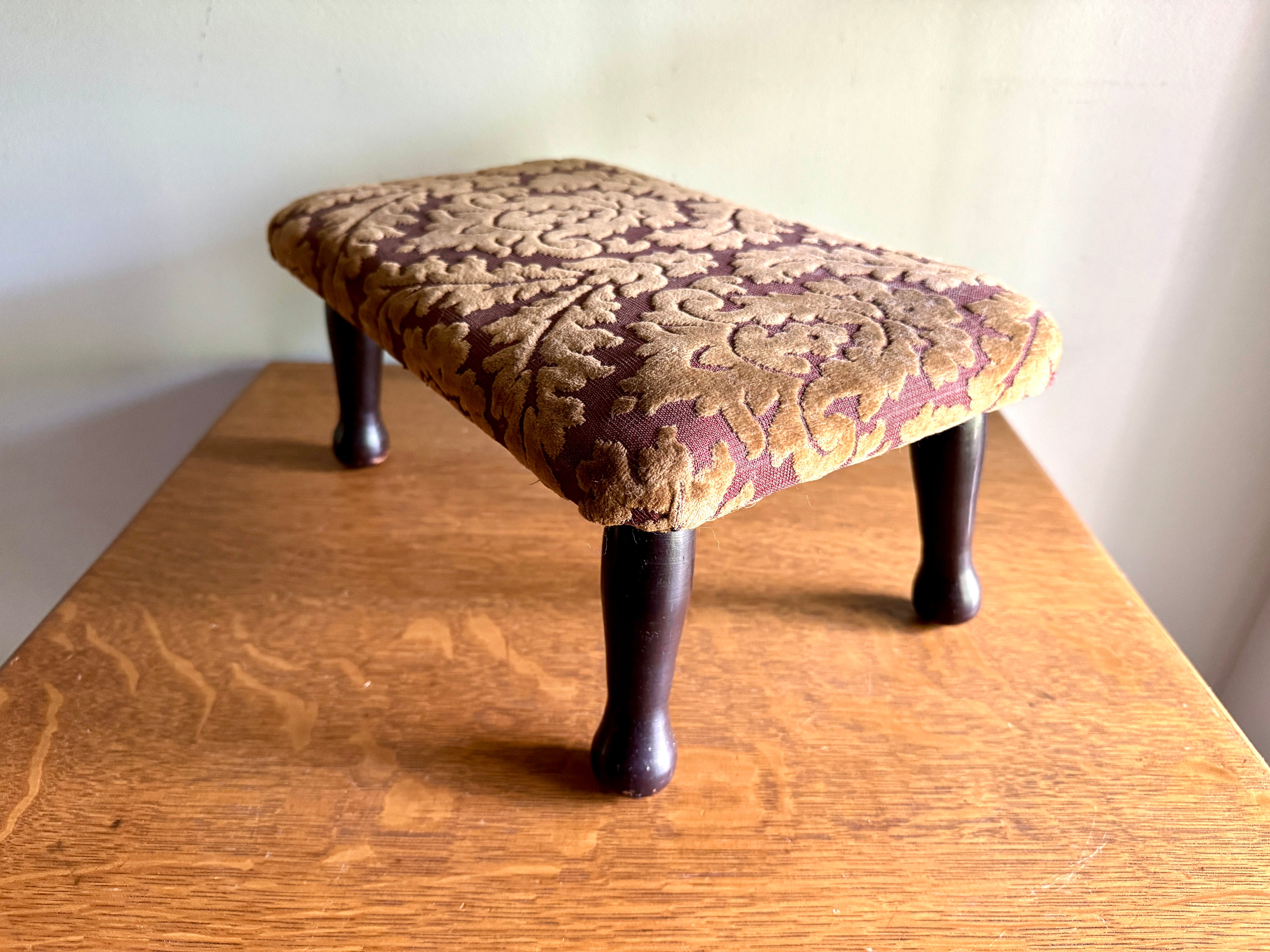 Footstool Velvet Upholstery - Garnet Floral Damask Design Velvet Upholstery Foot Stool - Victorian/Edwardian Turned Wood Legs