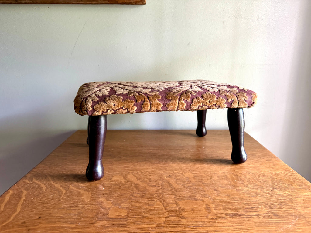 Footstool Velvet Upholstery - Garnet Floral Damask Design Velvet Upholstery Foot Stool - Victorian/Edwardian Turned Wood Legs