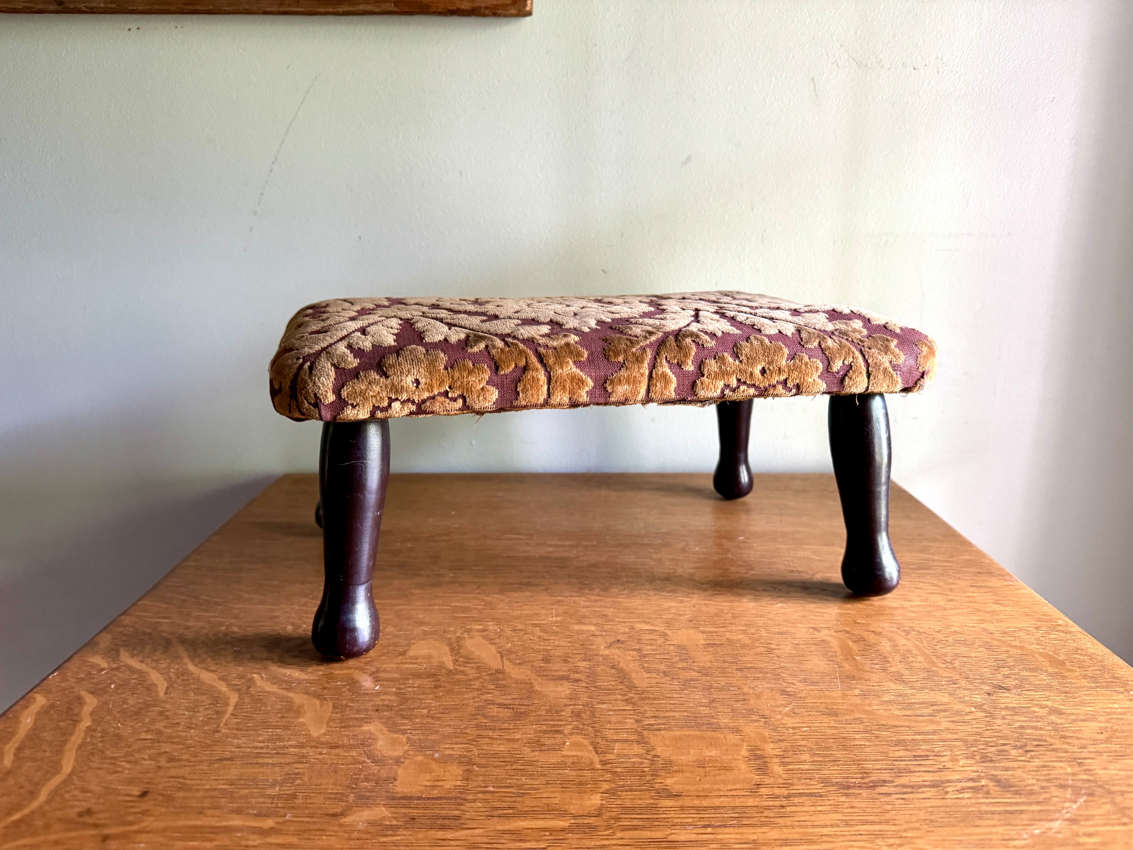 Footstool Velvet Upholstery - Garnet Floral Damask Design Velvet Upholstery Foot Stool - Victorian/Edwardian Turned Wood Legs