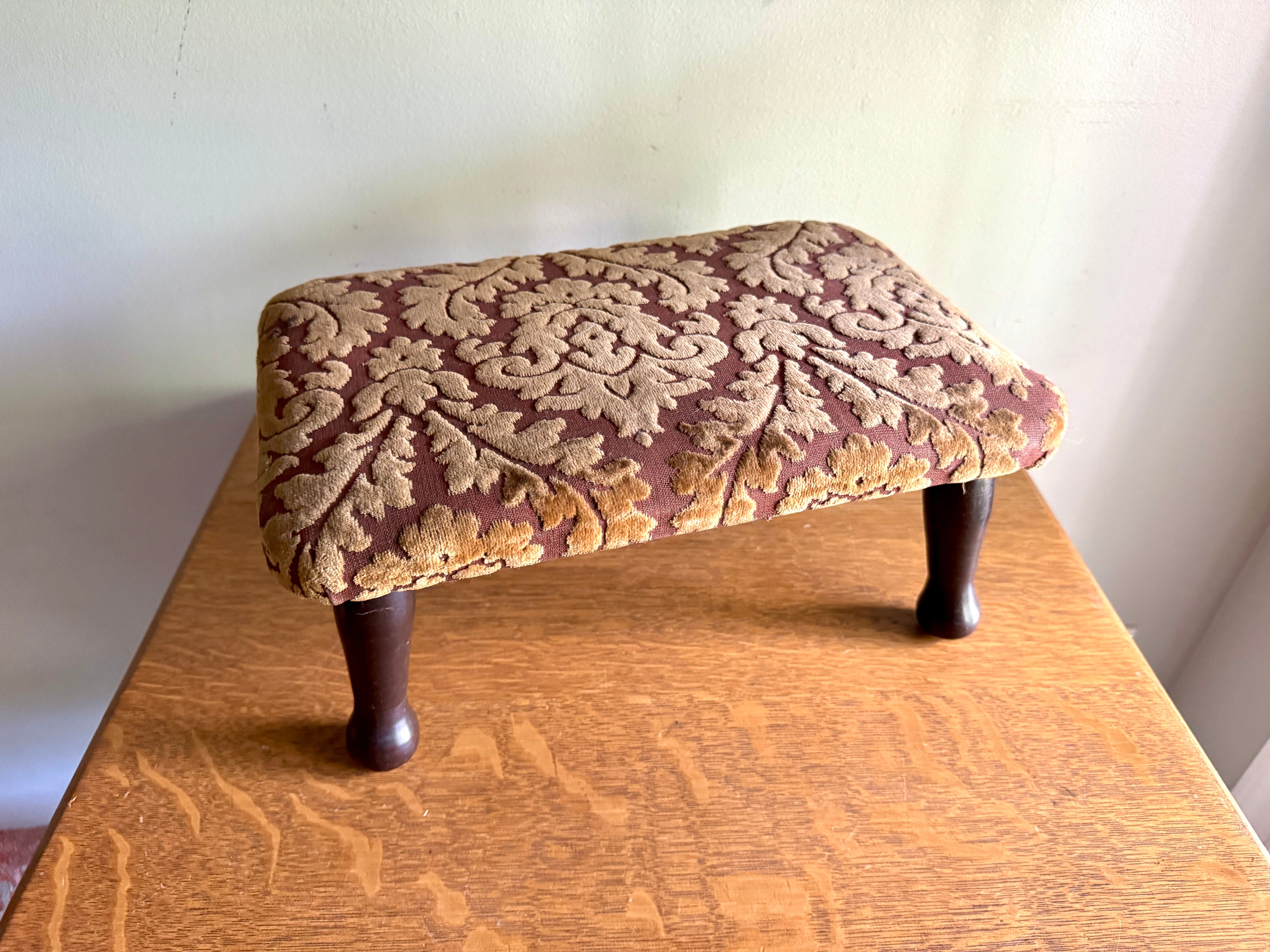 Footstool Velvet Upholstery - Garnet Floral Damask Design Velvet Upholstery Foot Stool - Victorian/Edwardian Turned Wood Legs