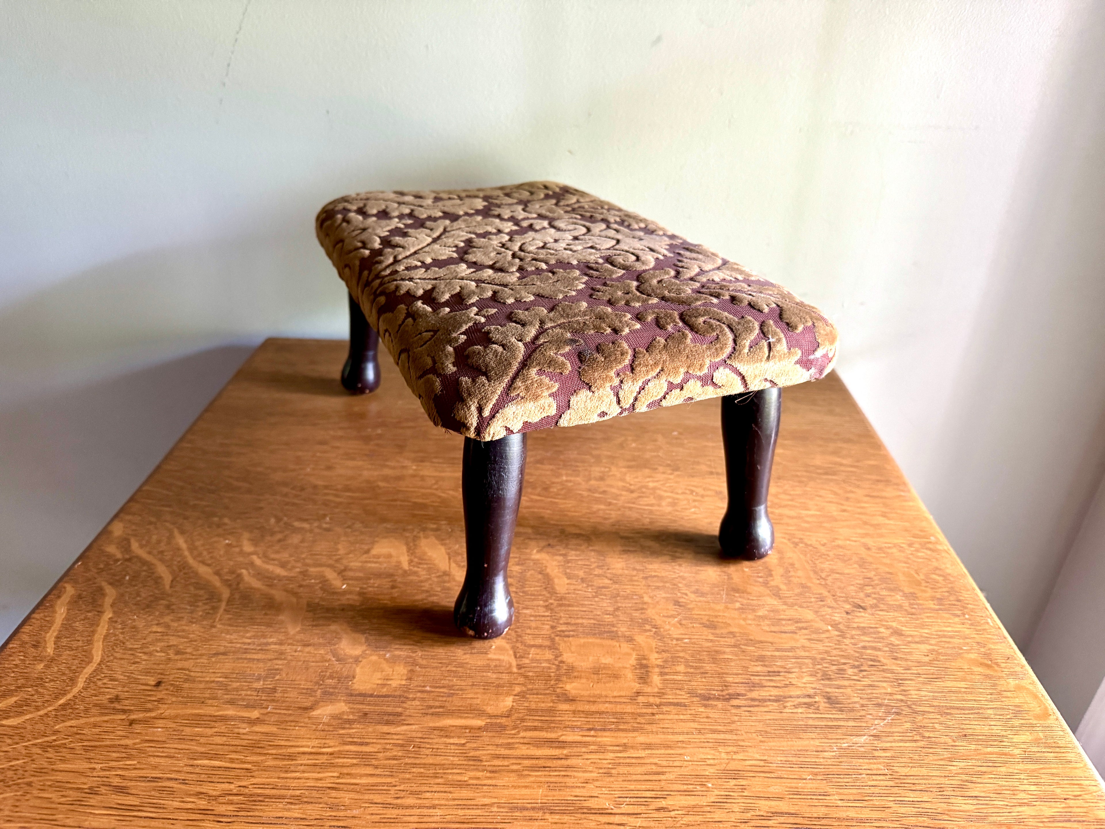 Footstool Velvet Upholstery - Garnet Floral Damask Design Velvet Upholstery Foot Stool - Victorian/Edwardian Turned Wood Legs