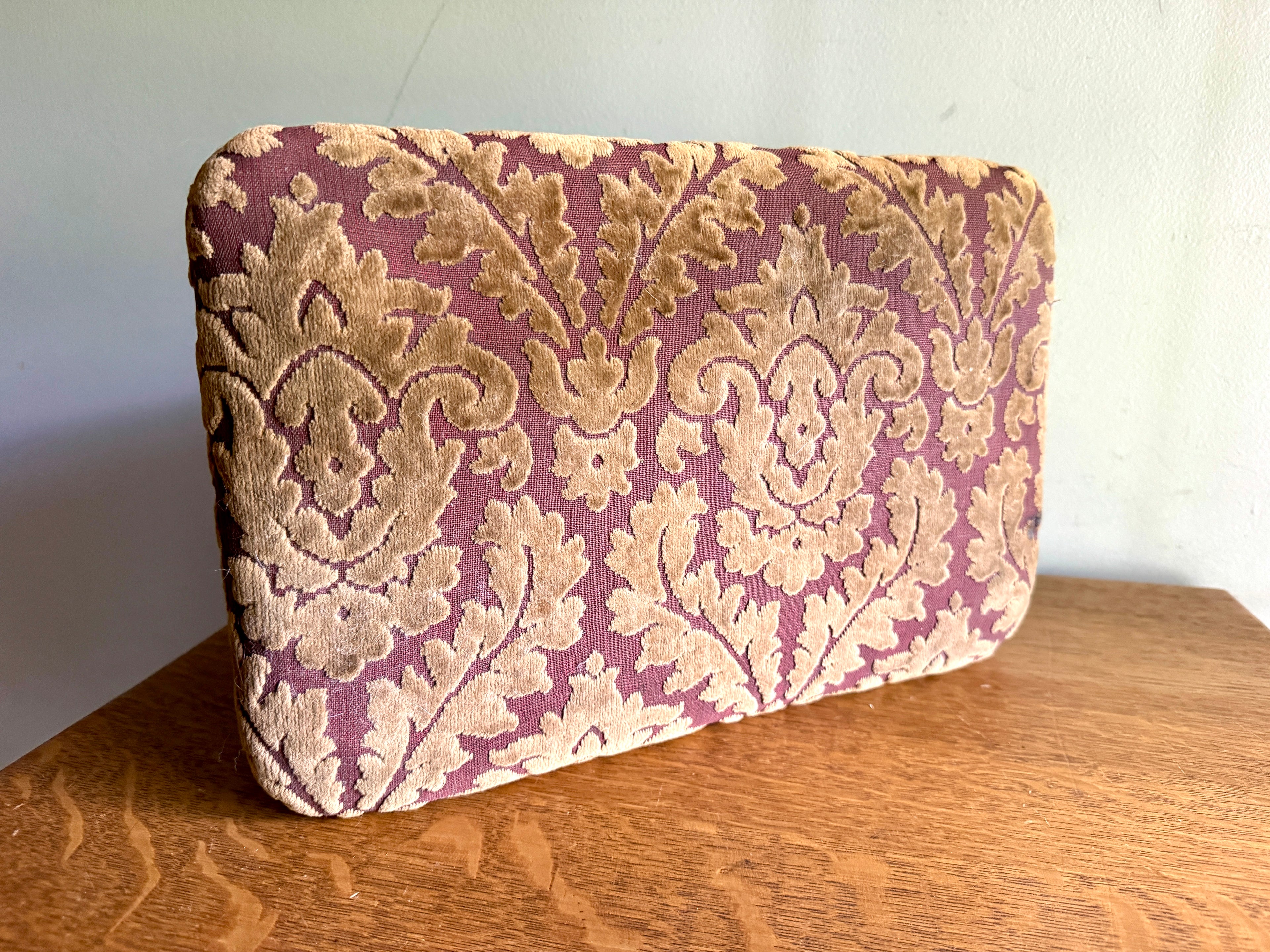 Footstool Velvet Upholstery - Garnet Floral Damask Design Velvet Upholstery Foot Stool - Victorian/Edwardian Turned Wood Legs