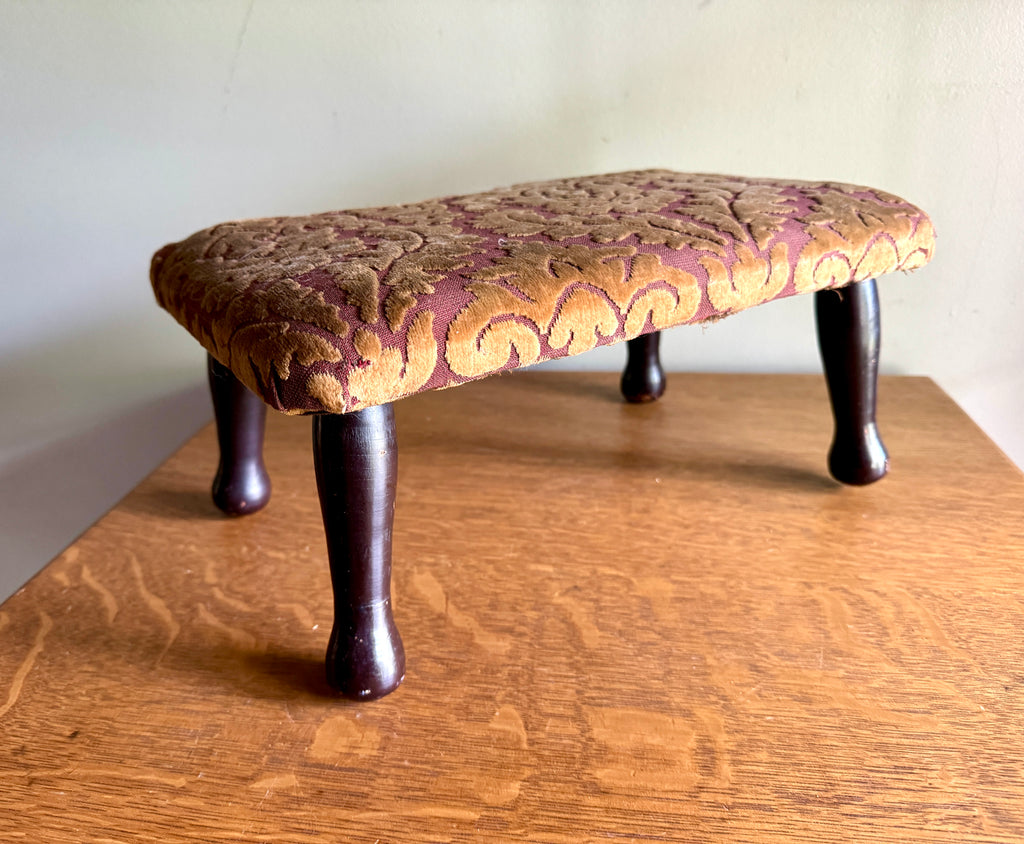 Footstool Velvet Upholstery - Garnet Floral Damask Design Velvet Upholstery Foot Stool - Victorian/Edwardian Turned Wood Legs