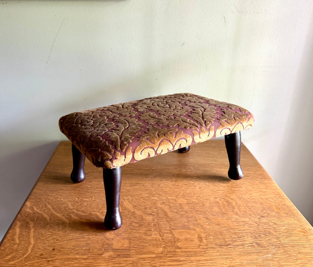 Footstool Velvet Upholstery - Garnet Floral Damask Design Velvet Upholstery Foot Stool - Victorian/Edwardian Turned Wood Legs