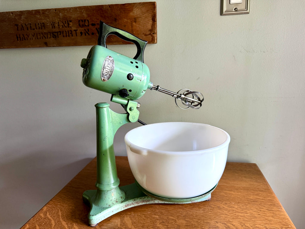 Antique "CHALLENGE" 3 Speed Mixer Stand  ~ 1920's Working #1658 Jadeite Green &  9" Milk Glass Bowl