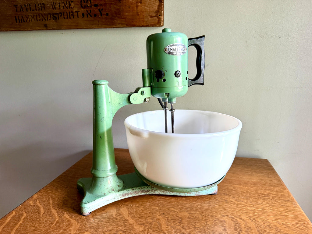 Antique "CHALLENGE" 3 Speed Mixer Stand  ~ 1920's Working #1658 Jadeite Green &  9" Milk Glass Bowl