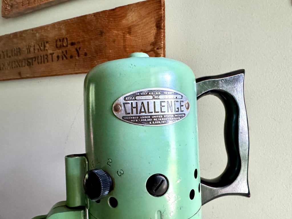 Antique "CHALLENGE" 3 Speed Mixer Stand  ~ 1920's Working #1658 Jadeite Green &  9" Milk Glass Bowl