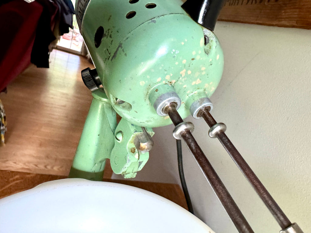 Antique "CHALLENGE" 3 Speed Mixer Stand  ~ 1920's Working #1658 Jadeite Green &  9" Milk Glass Bowl